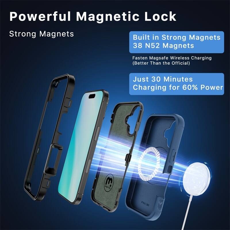 Powerful Magnetic Lock
Strong Magnets
Built in Strong Magnets
38 N52 Magnets
Fasten Magsafe Wireless Charging (Better Than the Official)
Just 30 Minutes Charging for 60% Power