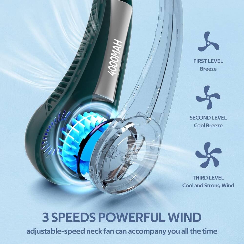 4000MAH FIRST LEVEL Breeze SECOND LEVEL Cool Breeze THIRD LEVEL Cool and Strong Wind 3 SPEEDS POWERFUL WIND adjustable-speed neck fan can accompany you all the time