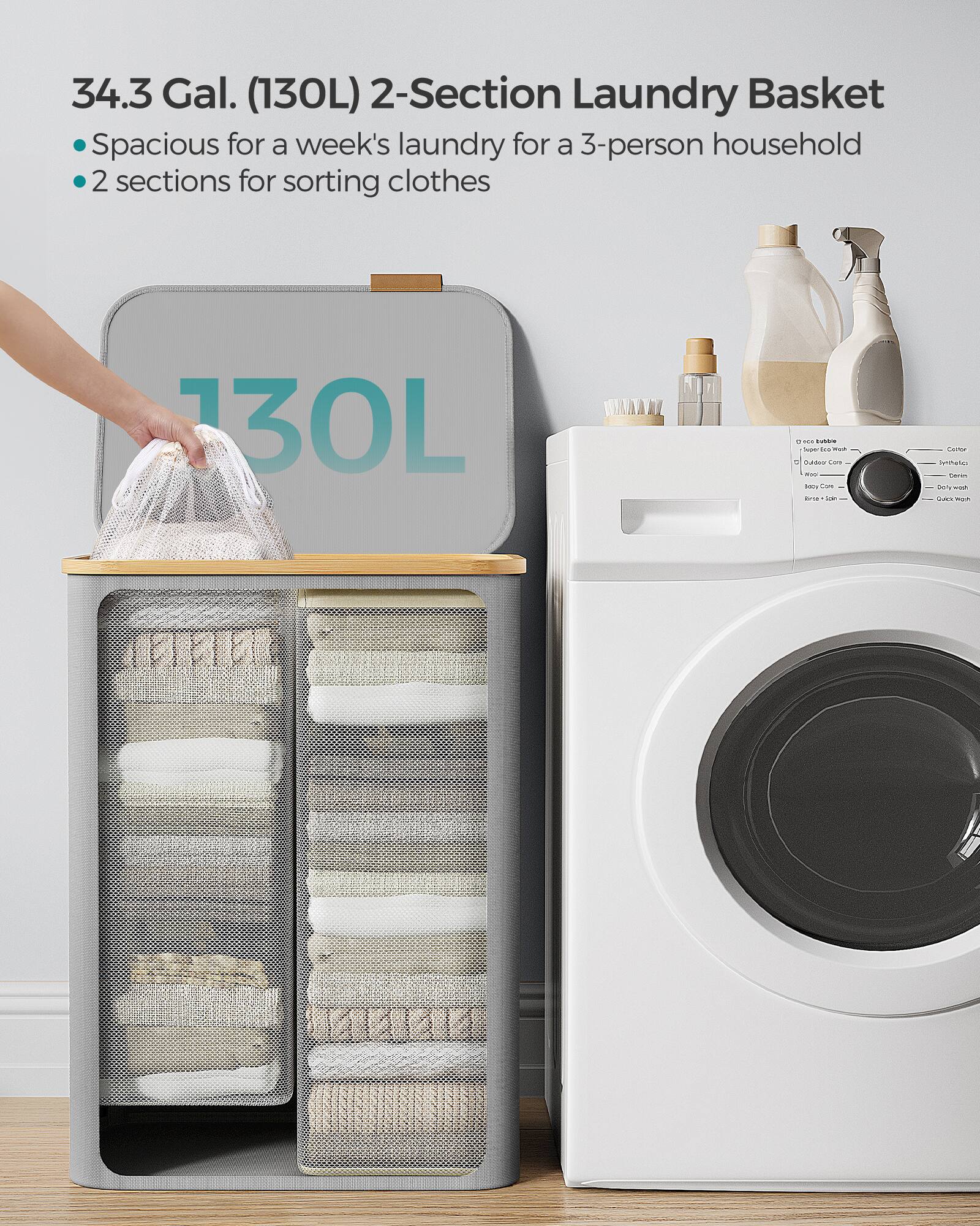34.3 Gal. (130L) 2-Section Laundry Basket  
- Spacious for a week's laundry for a 3-person household  
- 2 sections for sorting clothes