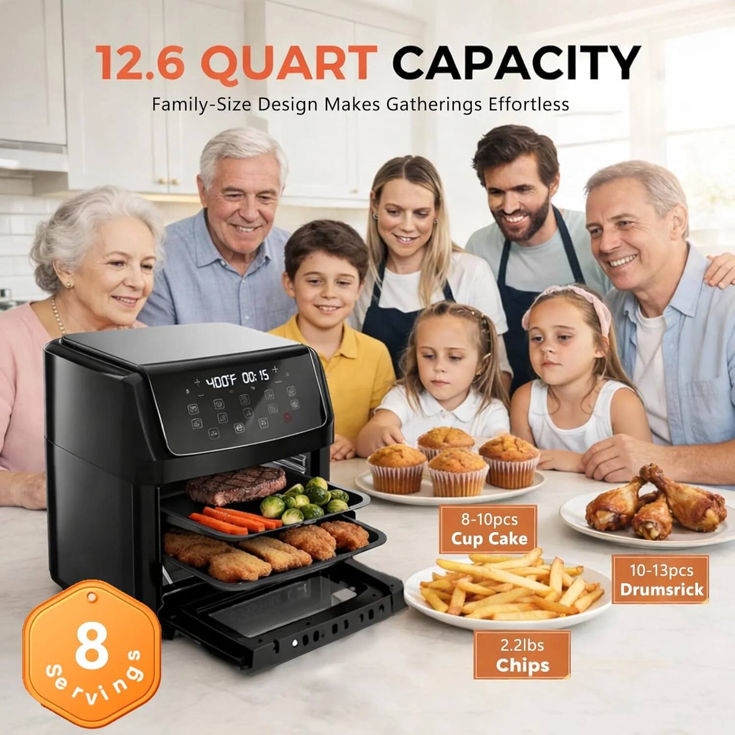 12.6 QUART CAPACITY  
Family-Size Design Makes Gatherings Effortless  

8-10pcs Cup Cake  
2.2lbs Chips  
10-13pcs Drumsrick