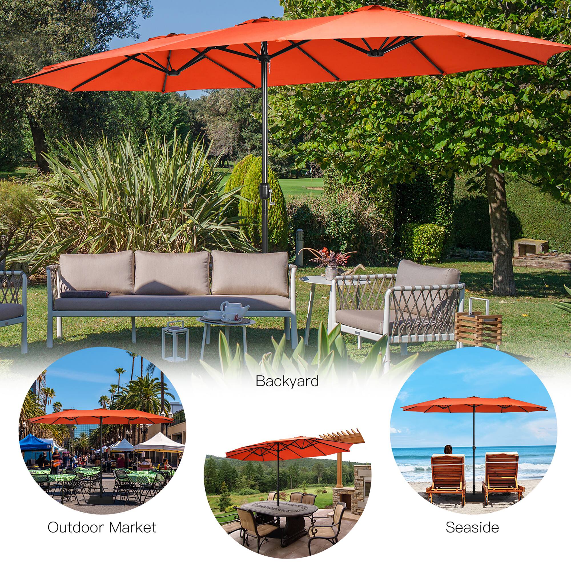 The image features an outdoor setting with a large orange umbrella providing shade over a table and chairs. The umbrella is situated in the middle of the scene, with a bench nearby. There are also two smaller umbrellas in the area, one on the left side and the other on the right side.

In addition to the umbrellas, there are several chairs scattered around the scene, some of which are placed under the large umbrella. A potted plant is visible on the left side of the image, adding a touch of greenery to the outdoor space.