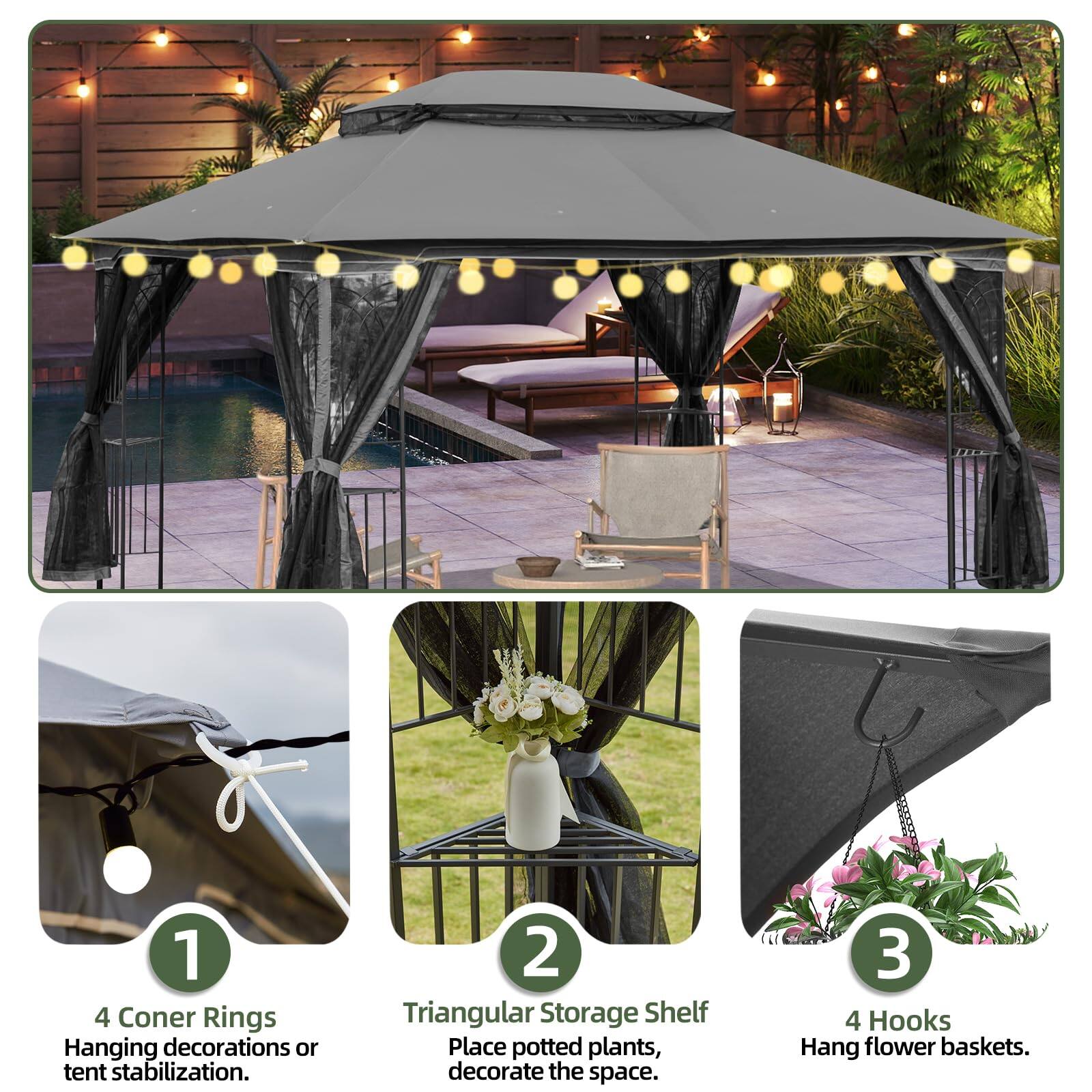 1. 4 Corner Rings  
   Hanging decorations or tent stabilization.

2. Triangular Storage Shelf  
   Place potted plants, decorate the space.

3. 4 Hooks  
   Hang flower baskets.