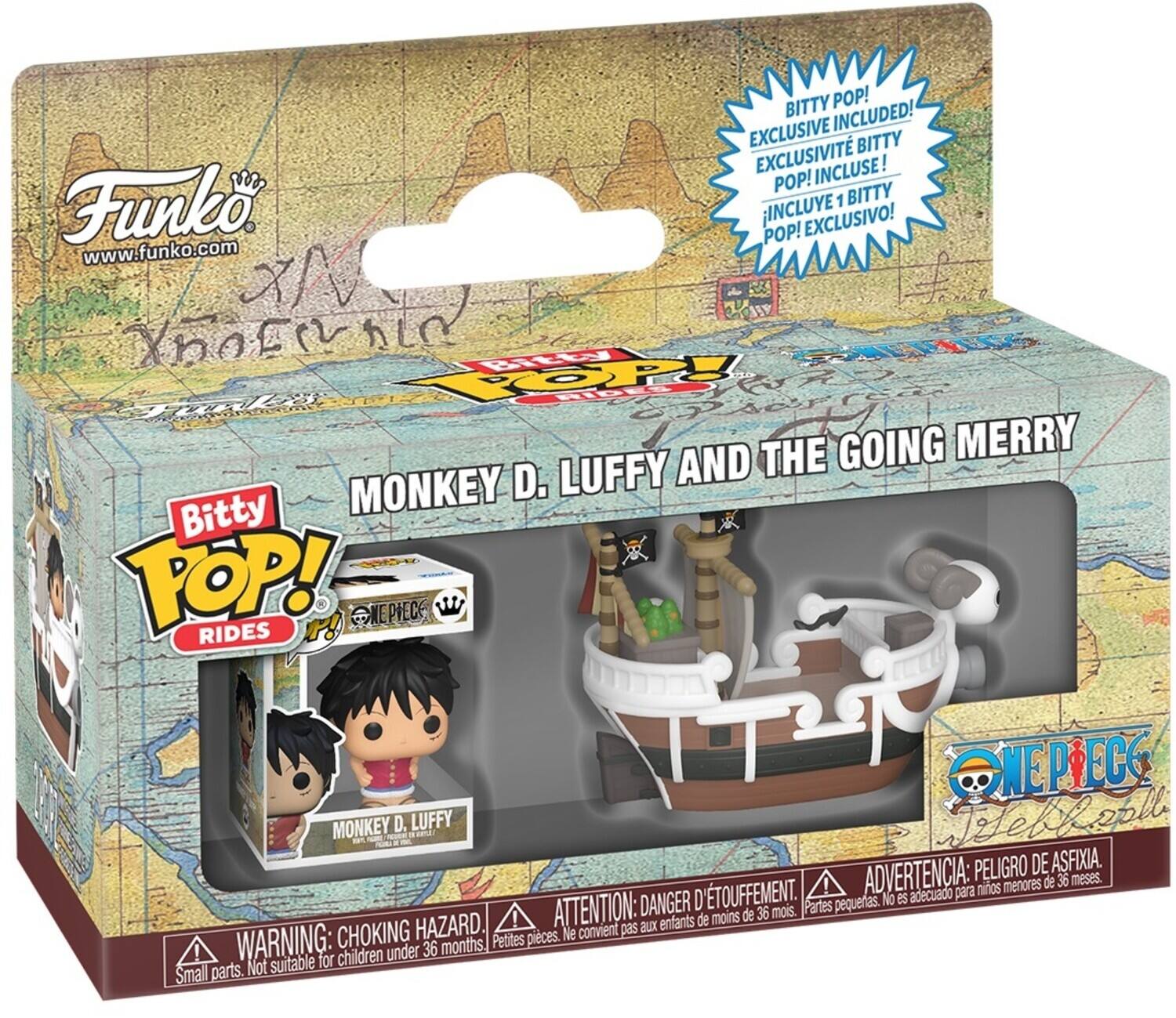 Sure, here is the corrected and grouped text from the image:

---

**Funko**  
www.funko.com

**BITTY POP!**  
RIDES

**BITTY POP! EXCLUSIVE INCLUDED!**  
EXCLUSIVE BITTY POP! INCLUSE!  
¡INCLUYE 1 BITTY POP! EXCLUSIVO!

**MONKEY D. LUFFY AND THE GOING MERRY**

**ONE PIECE**  
Telekhol

**WARNING: CHOKING HAZARD**  
Small parts. Not suitable for children under 36 months.

**ATTENTION: DANGER D'ÉTOUFFEMENT**  
Petites pièces. Ne convient pas aux enfants de moins de 36 mois.

**ADVERTENCIA: PELIGRO DE ASFIXIA**  
Partes pequeñas. No es adecuado para niños menores de 36 meses.

---

This text is organized to reflect the information on the packaging, including the brand, product name, exclusivity note, and safety warnings.
