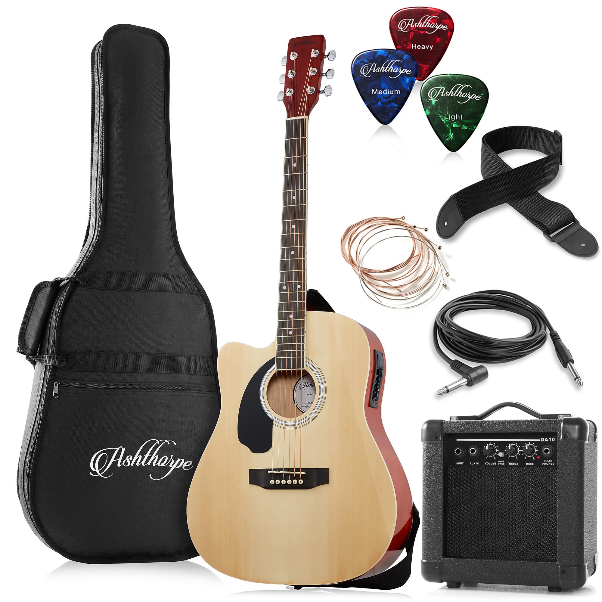 Ashthorpe - 41-in Left Hand Dreadnought Cutaway Acoustic Electric Guitar - 10W Amp - Natural