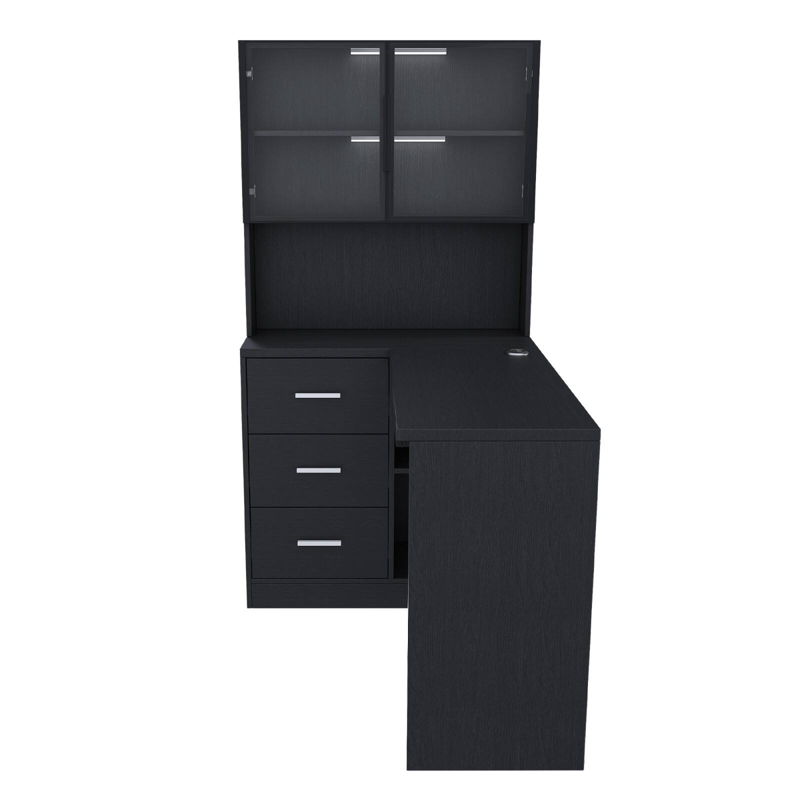 Alt View 10. Glintex - L-Shaped Desk，Glass Cabinets，Customizable LED Lighting, USB Ports, Keyboard Shelf, Drawers, Durable MDF Construction - Black.