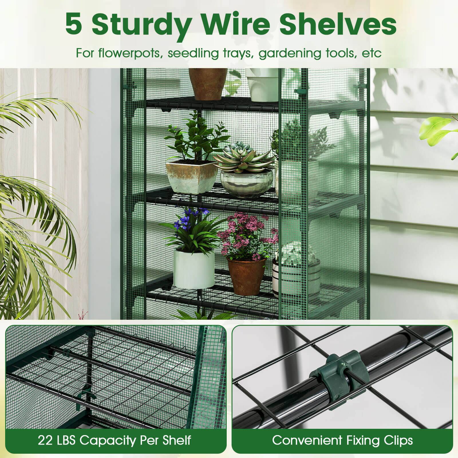 5 Sturdy Wire Shelves For flowerpots, seedling trays, gardening tools, etc  
22 LBS Capacity Per Shelf  
Convenient Fixing Clips