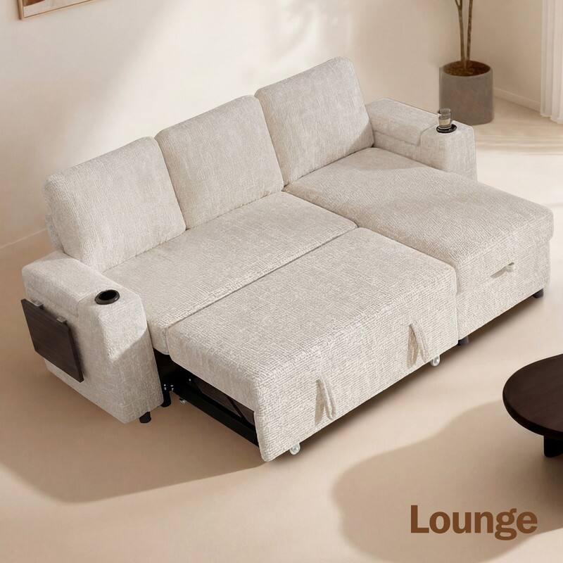 Left. Dyonery - 85" Modular 3 Seat L Shaped Couch with comfortable Backrest|USB Ports|Cup Holders|Side Table|Storage Chaise Armrests - Beige.