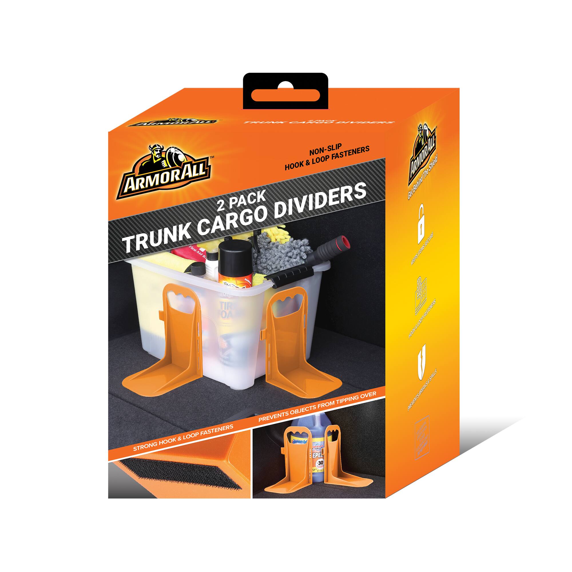ARMORALL  
2 PACK  
TRUNK CARGO DIVIDERS  
NON-SLIP  
HOOK & LOOP FASTENERS  
STRONG HOOK & LOOP FASTENERS  
PREVENTS OBJECTS FROM TIPPING OVER