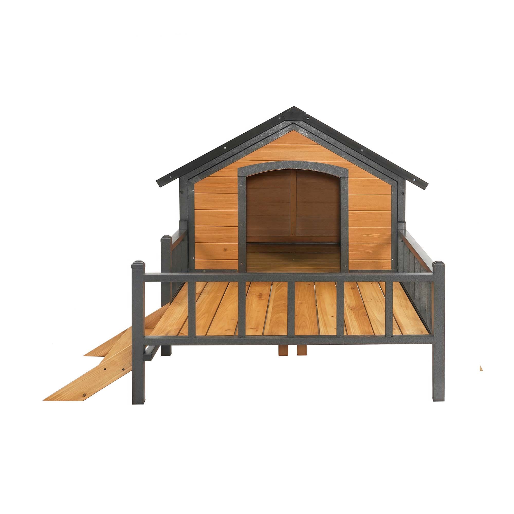 Alt View 4. Boyel Living - Natural Wood Large Wooden Dog Kennel Porch Unique AllAround Iron FrameOutdoor Cabin House Style - Brown.