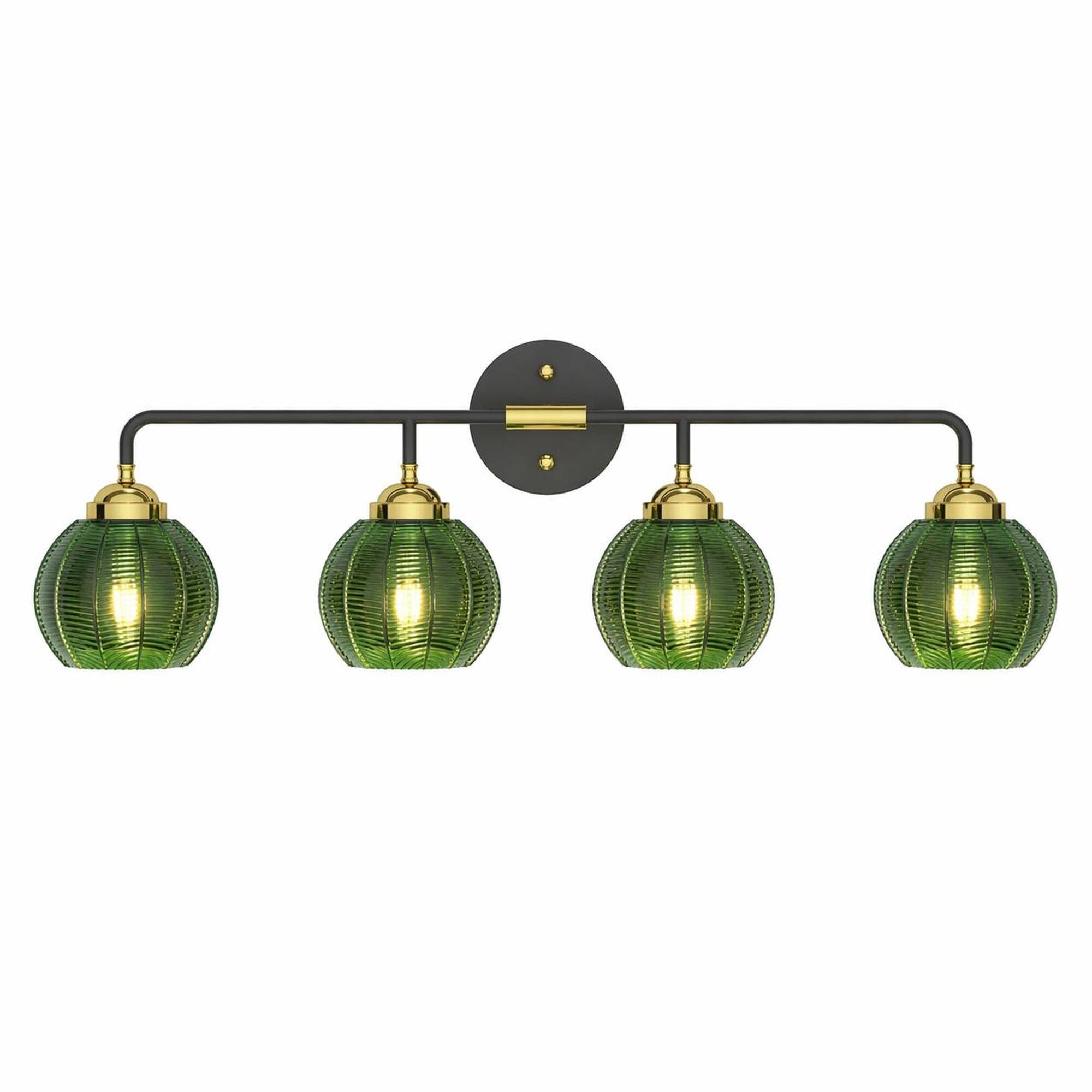 Front. RYHNUYNE - 4-Light Black and Gold Vanity Light with Clear Glass Shades for Bathroom, Bedroom, Kitchen, and Dining Room.