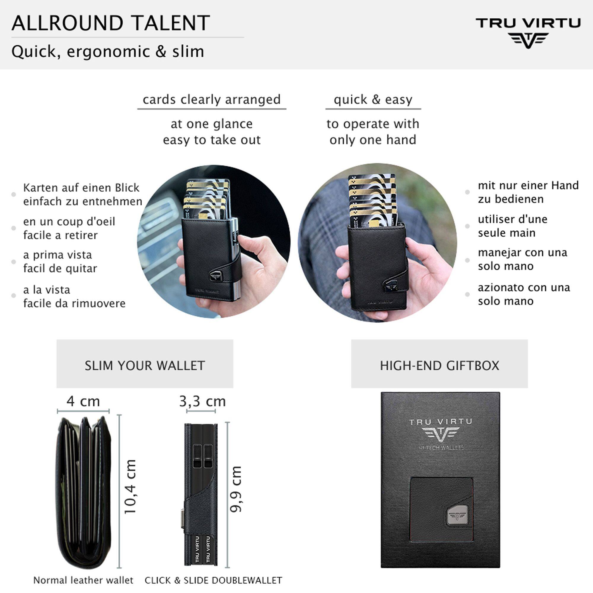 ALLROUND TALENT  
Quick, ergonomic & slim

cards clearly arranged at one glance  
easy to take out

Karten auf einen Blick einfach zu entnehmen  
en un coup d'oeil facile à retirer  
a prima vista facile de quitar  
a la vista

quick & easy to operate with only one hand

mit nur einer Hand zu bedienen  
utiliser d'une seule main  
manejar con una sola mano  
azione con una sola mano

SLIM YOUR WALLET

4 cm  
10,4 cm

3,3 cm  
9,9 cm

Normal leather wallet  
CLICK & SLIDE DOUBLEWALLET

HIGH-END GIFTBOX

TRU VIRTU  
EVE