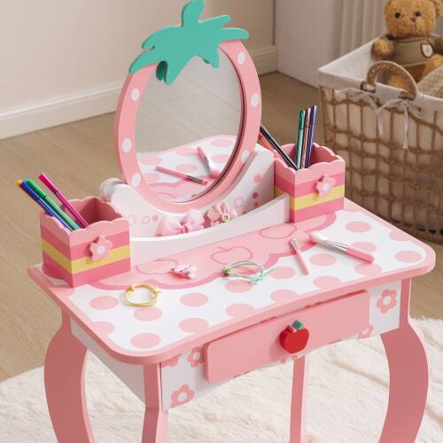Alt View 4. Winado - 2-in-1 Cartoon Design Children Vanity Table Set Removable Mirror to Writing Desk with Stool for Christmas Birthday Gift - White.