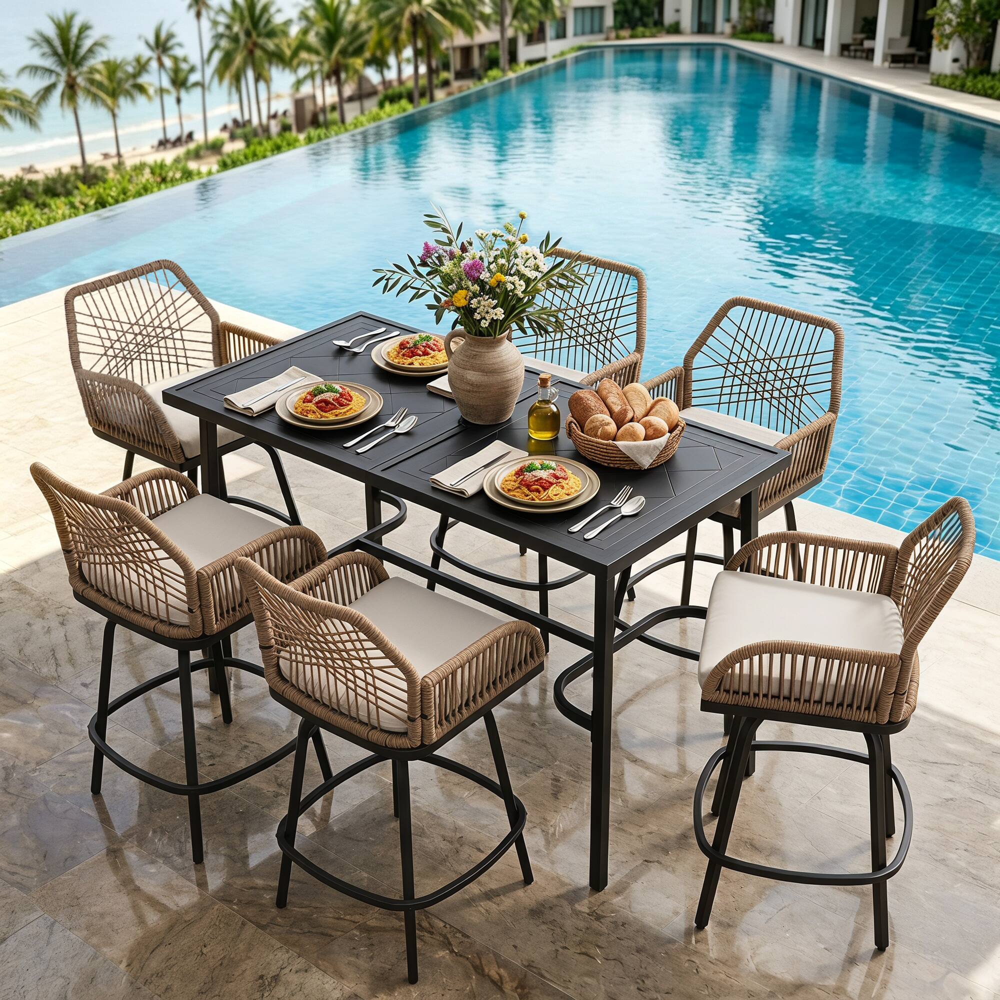 Left. Nuu Garden - 7-Piece Outdoor Bar Set, Twisted Rattan Swivel Chairs with Cushions - Brown and Black.
