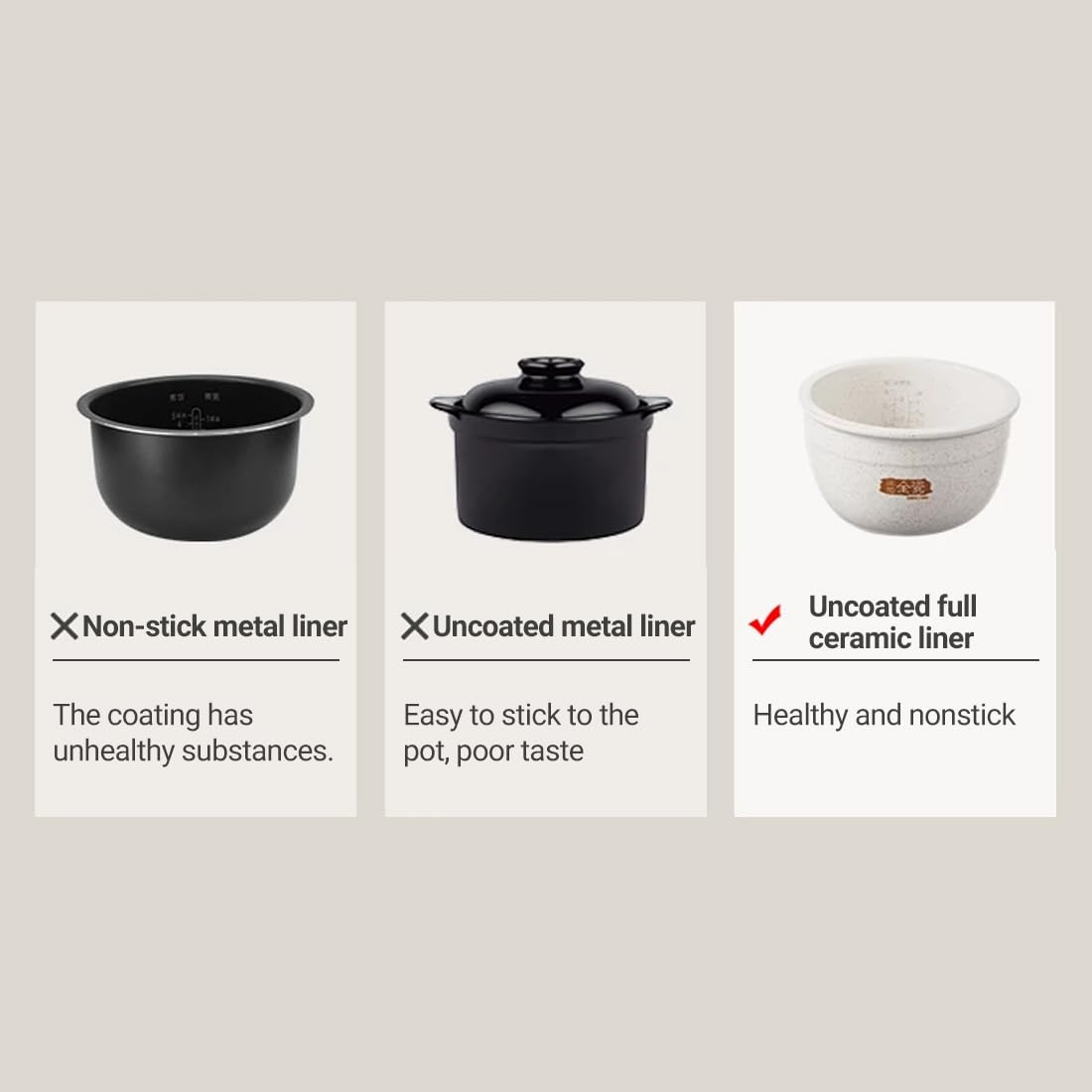 - Non-stick metal liner
  - The coating has unhealthy substances.

- Uncoated metal liner
  - Easy to stick to the pot, poor taste

- Uncoated full ceramic liner
  - Healthy and nonstick