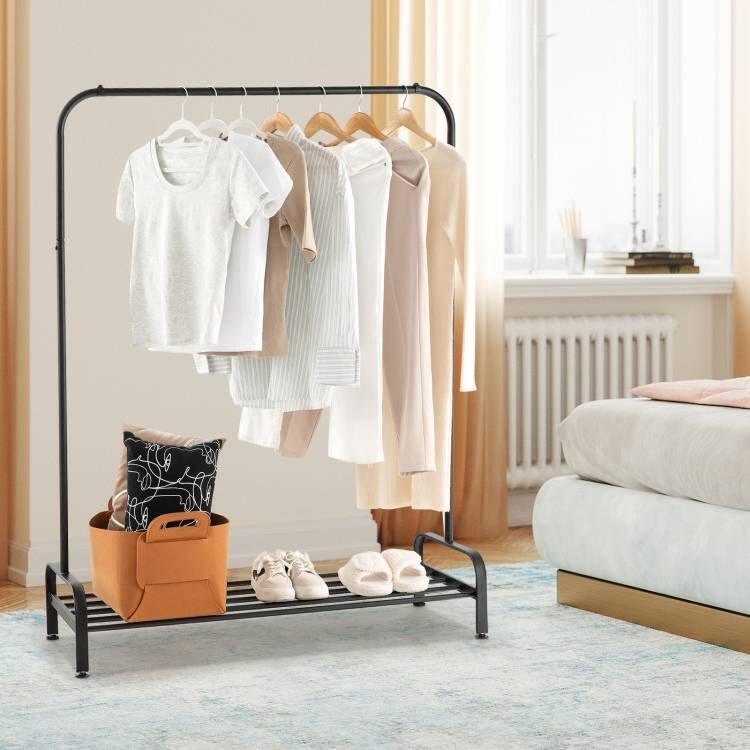 Angle. Hivvago - Heavy Duty Metal Garment Rack Clothes Hanging Rod with Bottom Storage Shelf - Black.