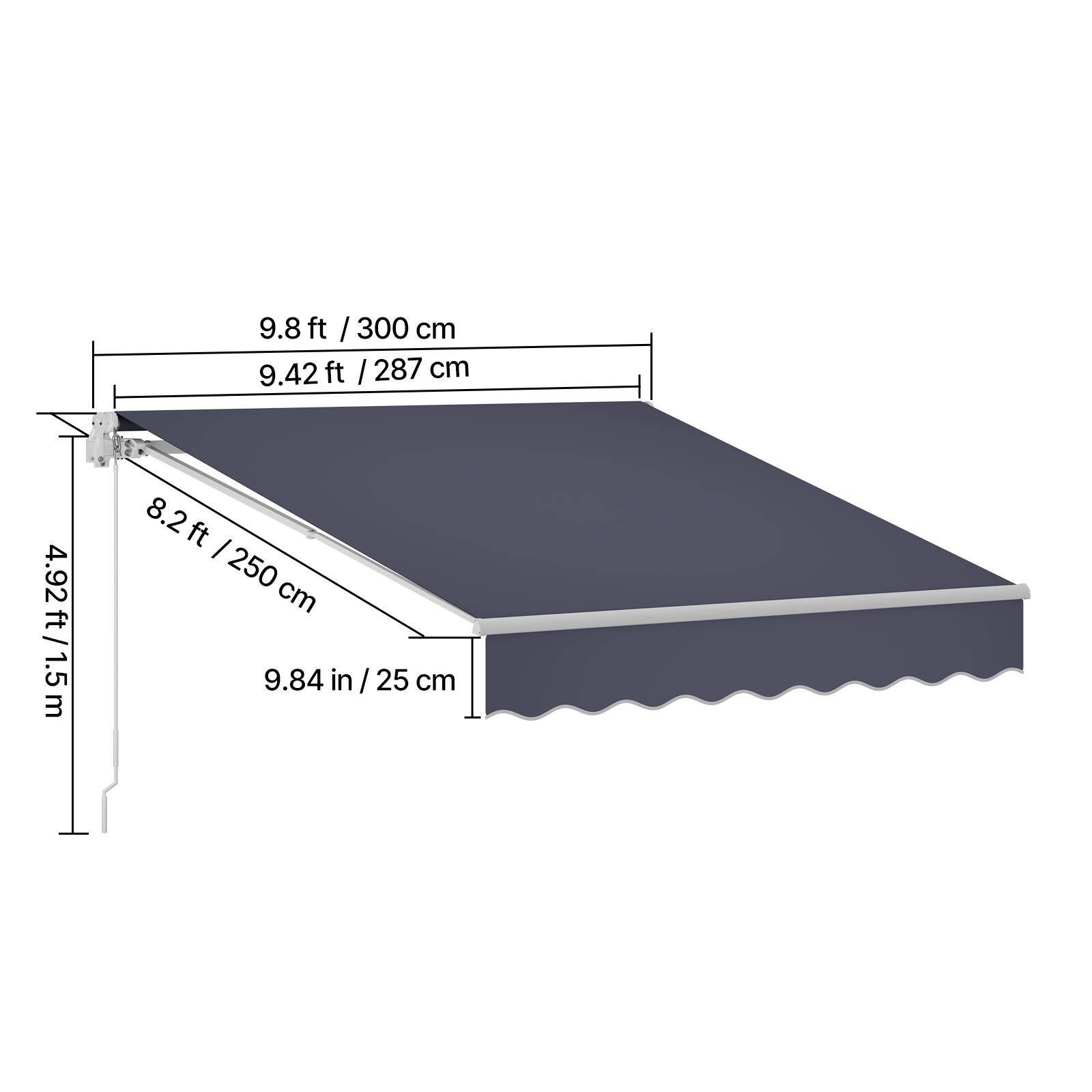 9.8 ft / 300 cm  
9.42 ft / 287 cm  
8.2 ft / 250 cm  
4.92 ft / 1.5 m  
9.84 in / 25 cm