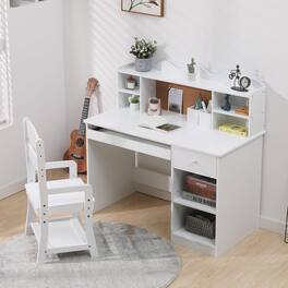 Babevy - Adjustable Kids Desk and Chair Set with Hutch, Cork Board, Keyboard Tray and Storage, Student Study Table for Children - White