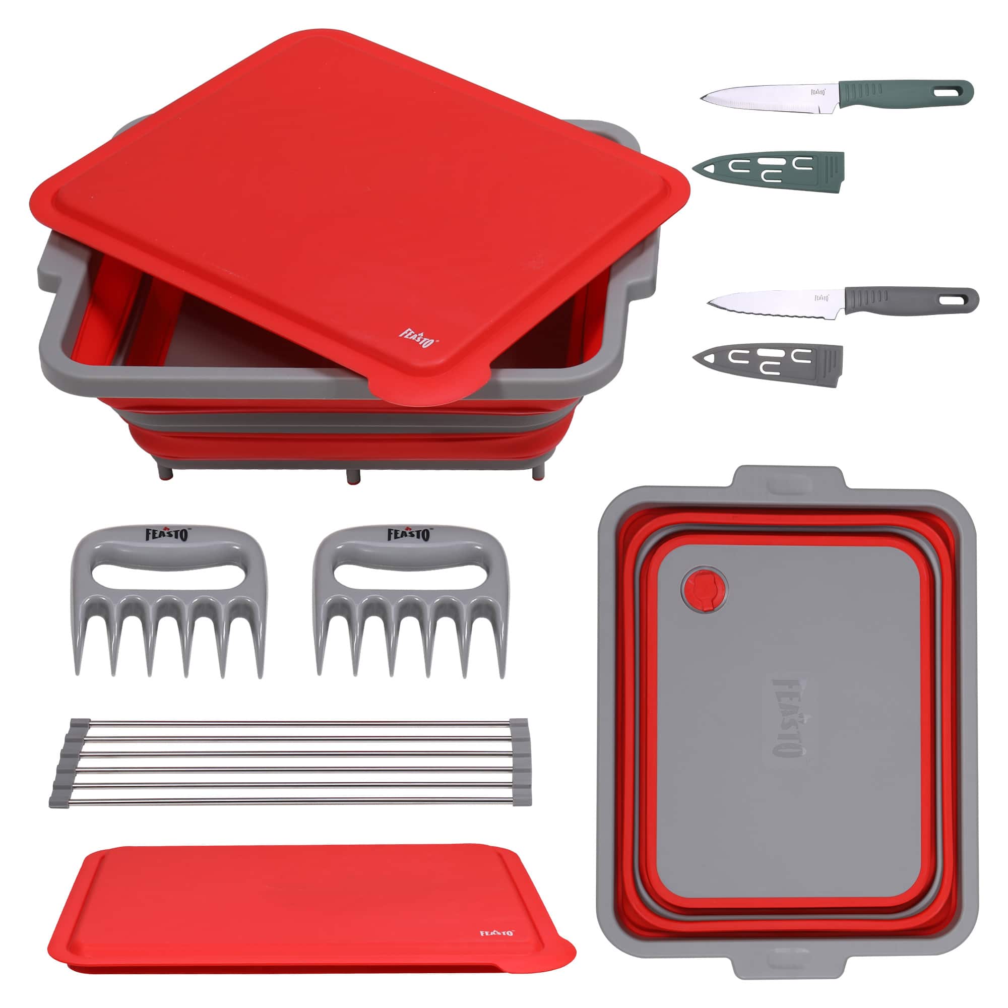 FEASTO - 9-Piece Collapsible BBQ Prep Tub Set with Cutting Board, Lids, Knives, Claws & Drain Rack - Red