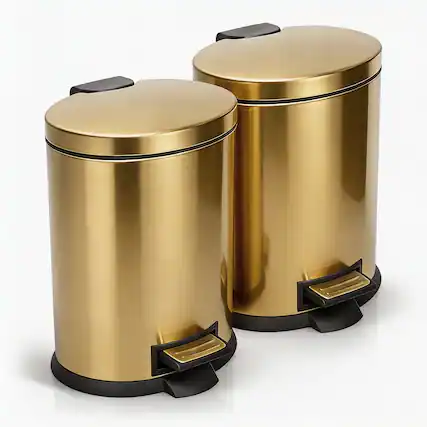 Front. Hansmart - HANSMART 2PK 5L Round Gold Stainless Trash Can With Non Skid Base For Kitchen Bathroom And Dining Room high-capacity - Gold.
