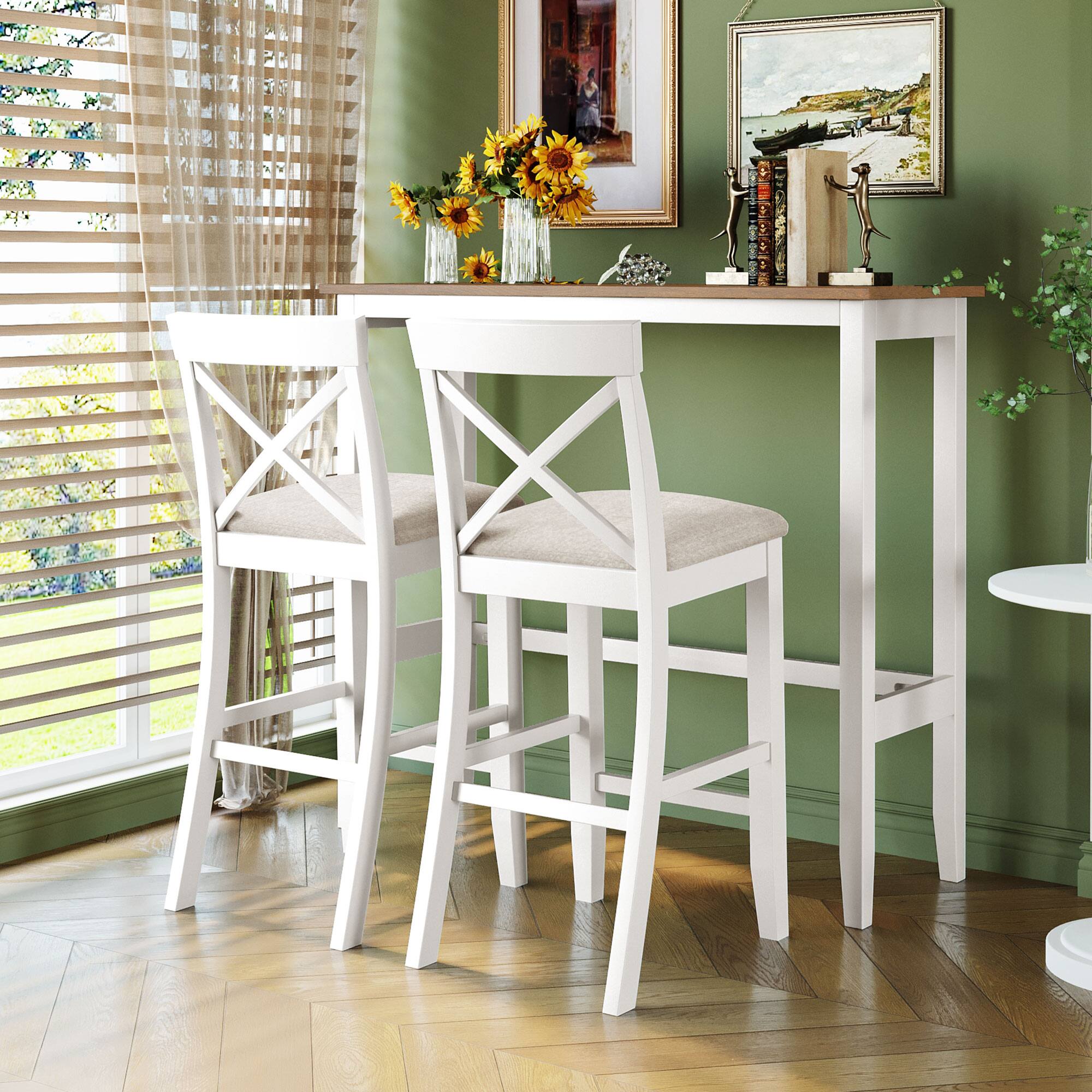 Front. TinyHomie - Farmhouse 48in Rectangular Wood Bar Height Dining Set Kitchen Breakfast Nook with 2 Chairs for Small Places - Beige and Brown and White.