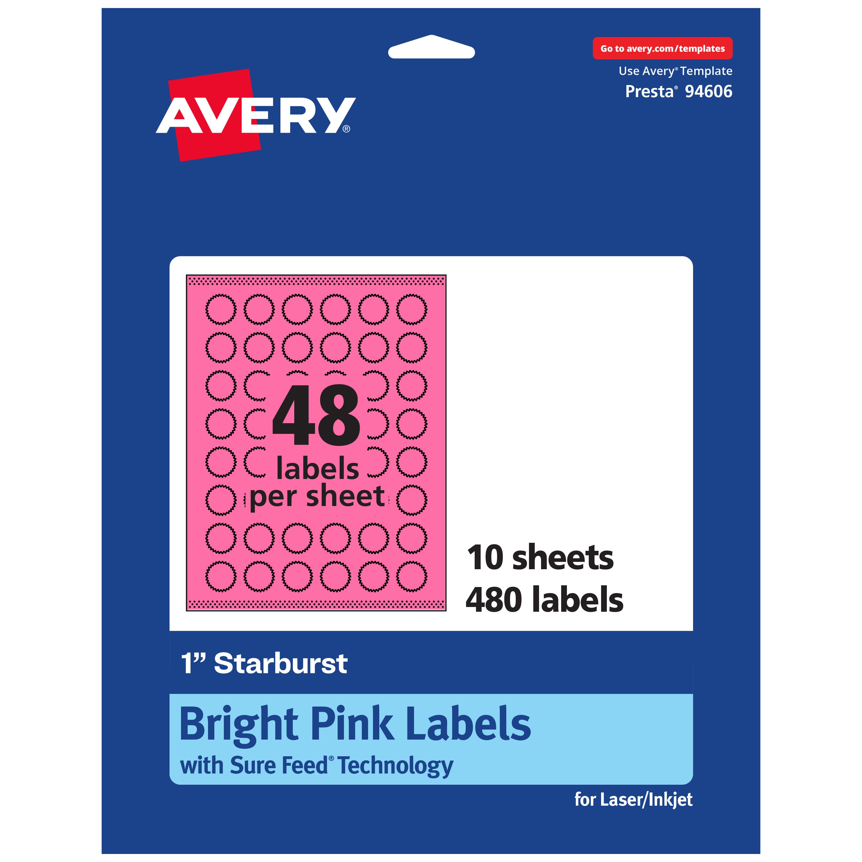 Avery - Printable Starburst Labels, Bright 1", 480ct - Pink