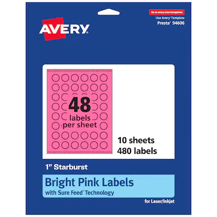 Go to avery.com/templates
Use Avery Template Presta® 94606
48 labels per sheet
10 sheets
480 labels
1" Starburst
Bright Pink Labels with Sure Feed® Technology for Laser/Inkjet