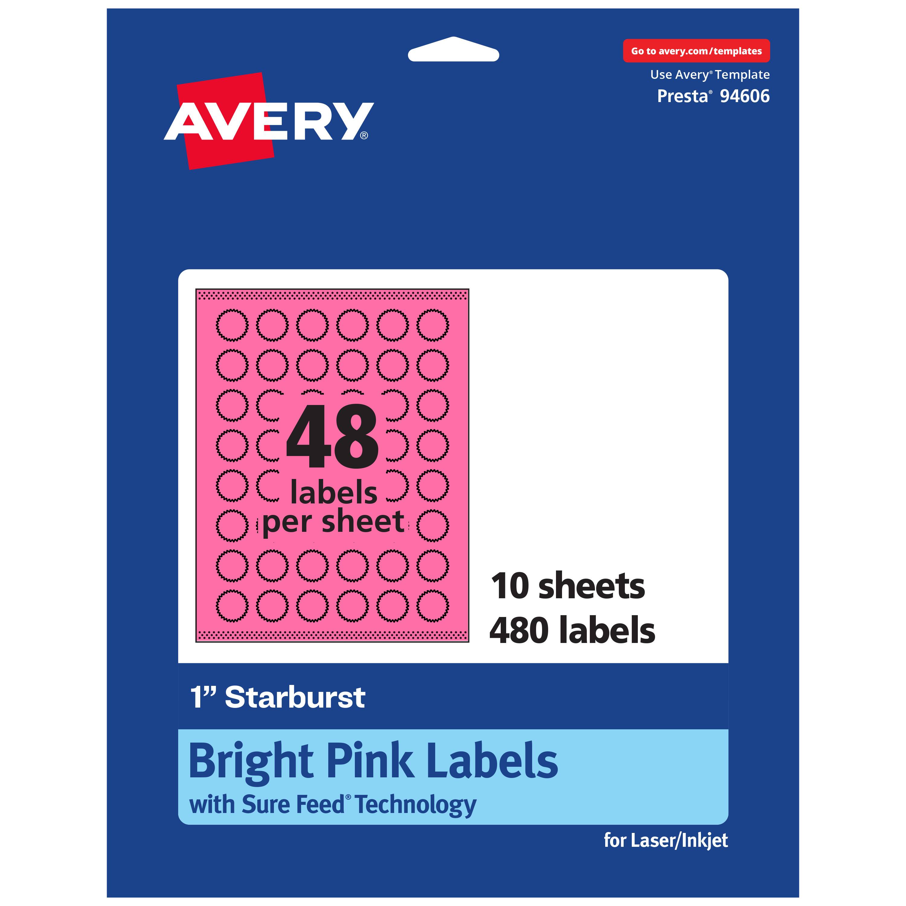 Go to avery.com/templates  
Use Avery Template Presta® 94606  

48 labels per sheet  
10 sheets  
480 labels  

1" Starburst  
Bright Pink Labels with Sure Feed® Technology for Laser/Inkjet