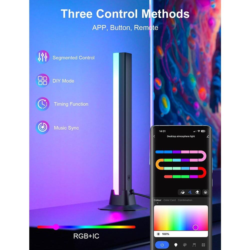 Three Control Methods  
APP, Button, Remote  

Segmented Control  
DIY Mode  
Timing Function  
Music Sync  

RGB+IC  

Desktop atmosphere light  
Colour Color Card Combination  
100%