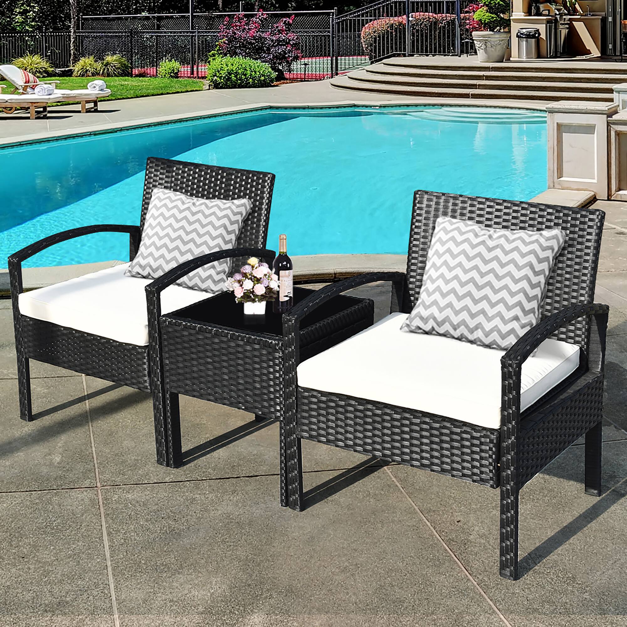 Alt View 4. Costway - Costway 3PCS Patio Rattan Furniture Set Coffee Table & Chairs Set with Seat Cushions Garden - White.