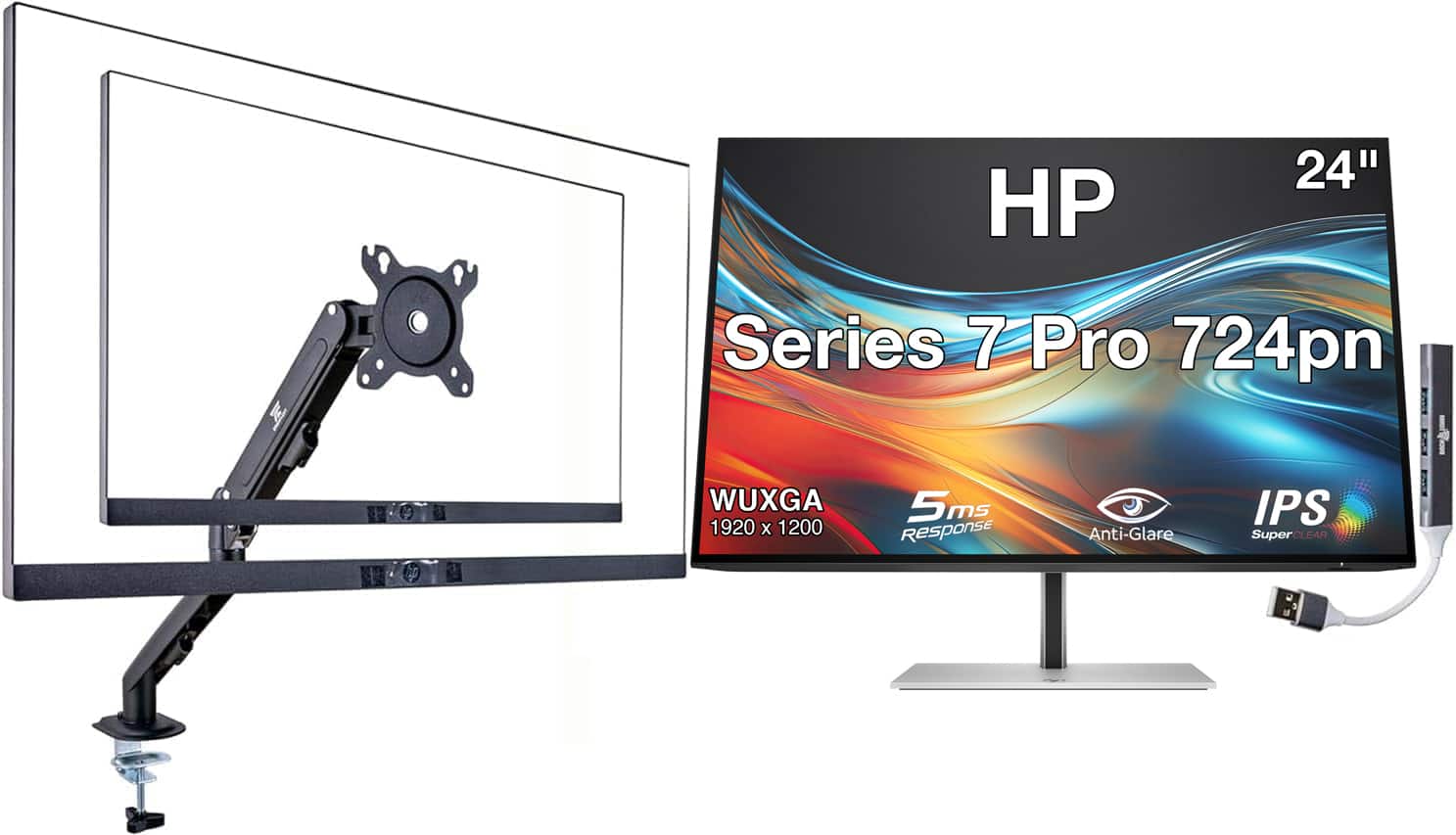 HP - Series 7 Pro 724pn 24" WUXGA IPS Monitor, Displayport, HDMI (8X534AA#ABA) w/DKZ Hub & Ergoflexy Single Mount Arm - Black/Silver
