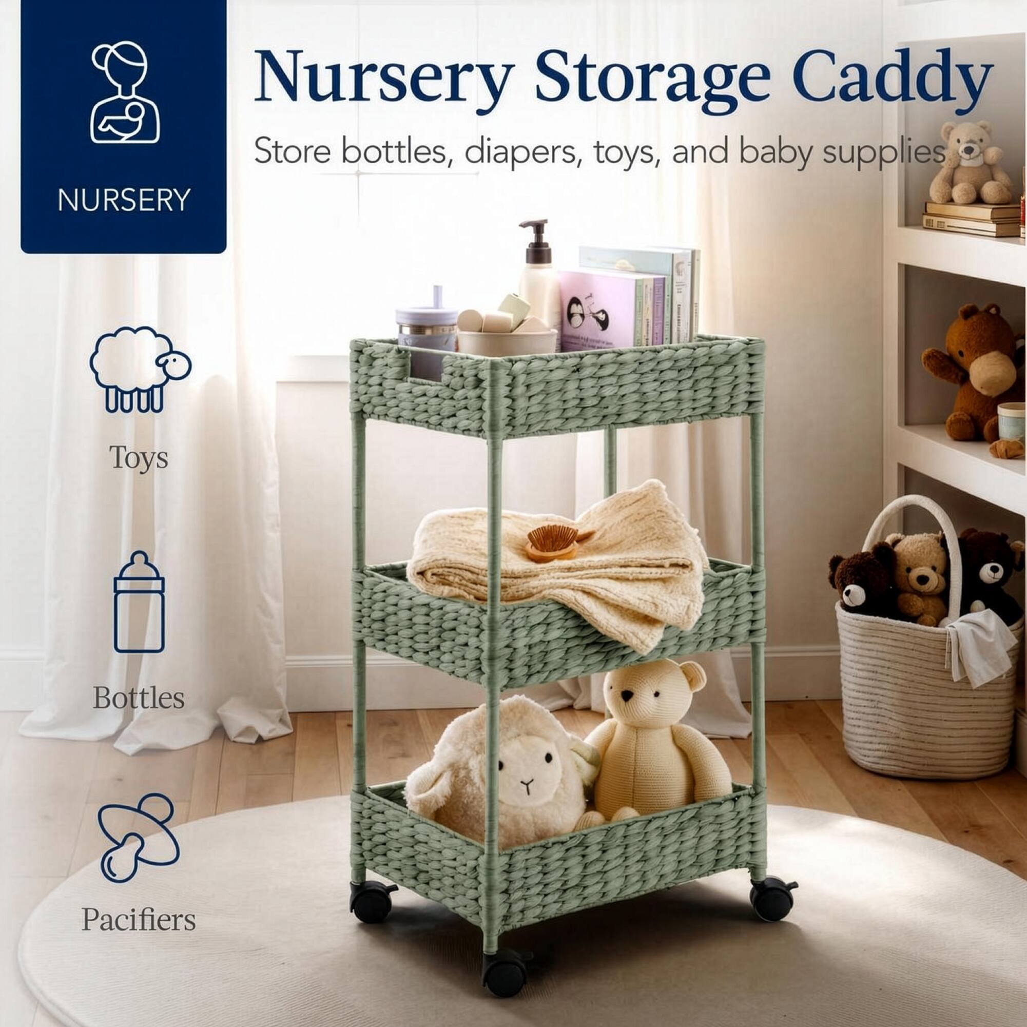 Nursery Storage Caddy  
Store bottles, diapers, toys, and baby supplies  

NURSERY  
Toys  
Bottles  
Pacifiers