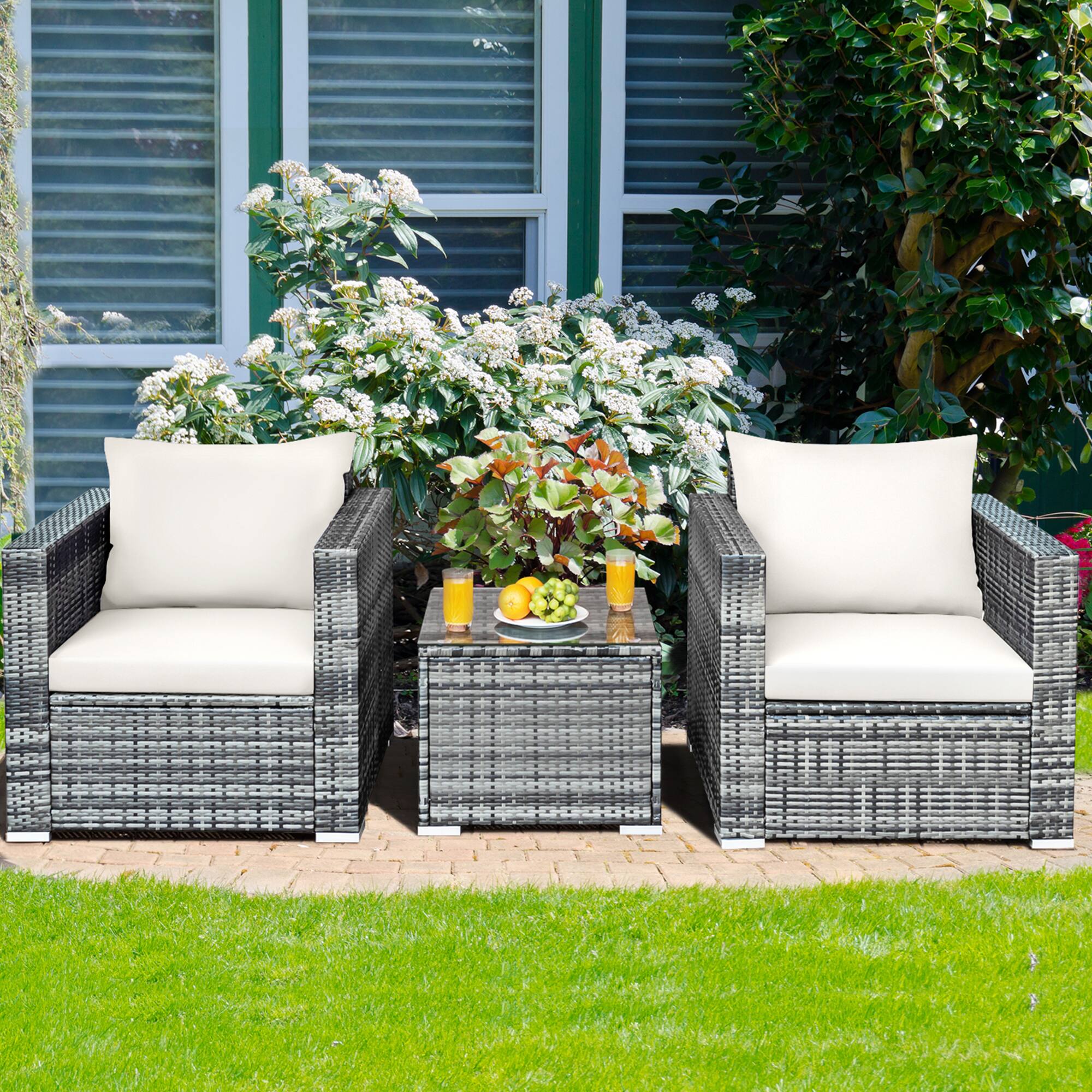 Alt View 3. Gymax - Gymax 3PCS Rattan Patio Conversation Furniture Set Outdoor Yard w/ White Cushion - White.