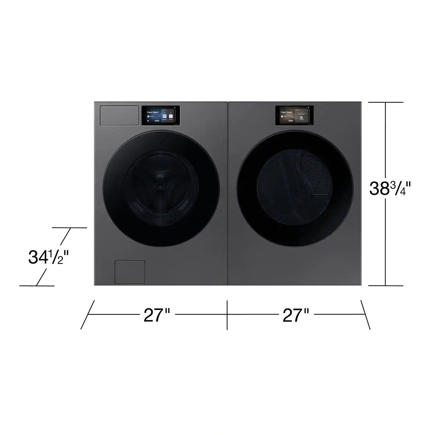 The text on the image states that the washing machine is 383/4" tall and 341/2" wide.