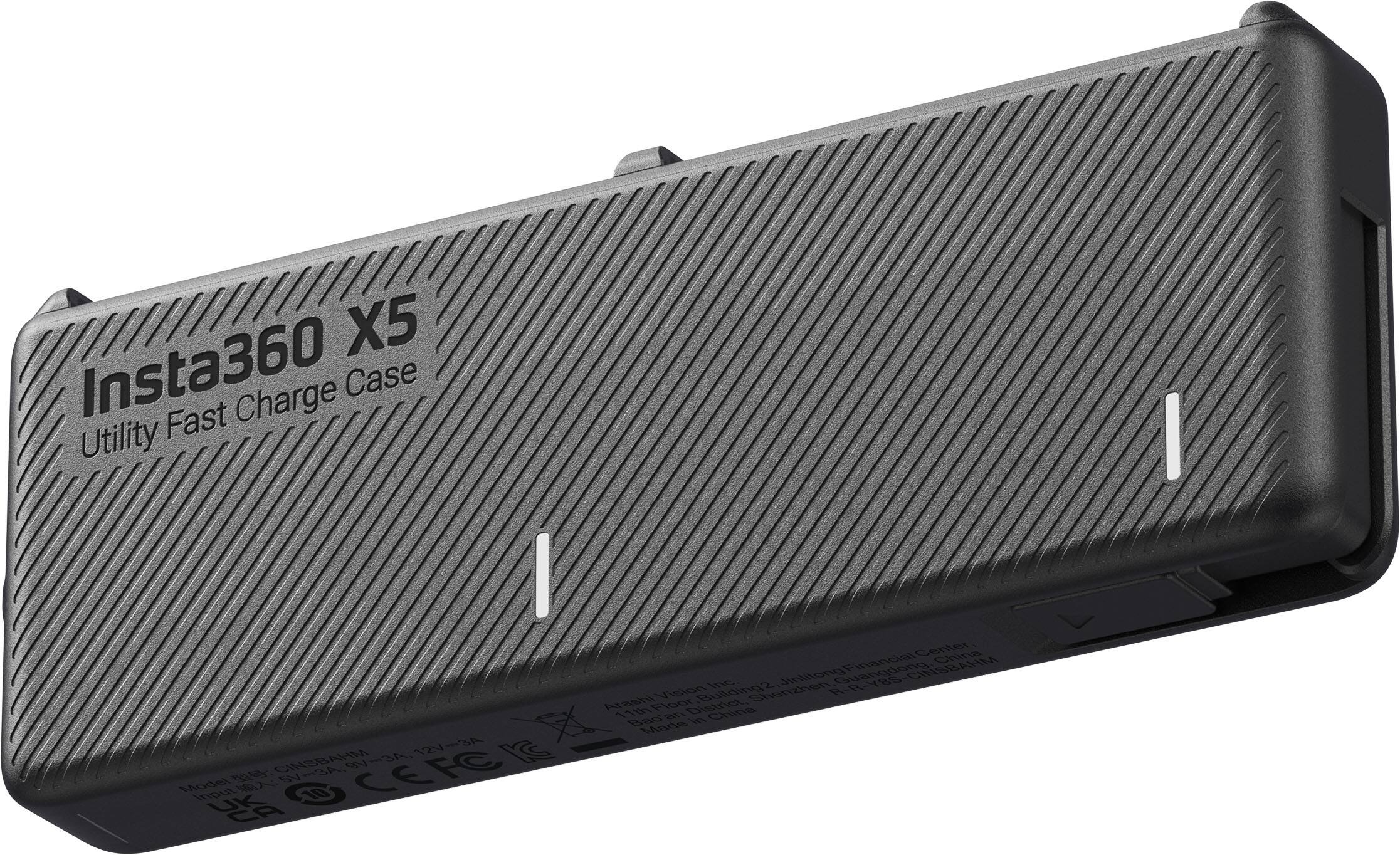 The text on the image reads: "X5 Insta360 Fast Charge Case Utility I 12/3A CINSBAHM g~3A S CEFC Model Sy3A SV input nputs 10 Genter China pnotitnit, JinlitongFinancial GL angdong Y8S CINSBAHM ine Shenzhen R-R R-R-Y85 Arashi Floor Vision District Building2 1th Bas n8 China Made in."