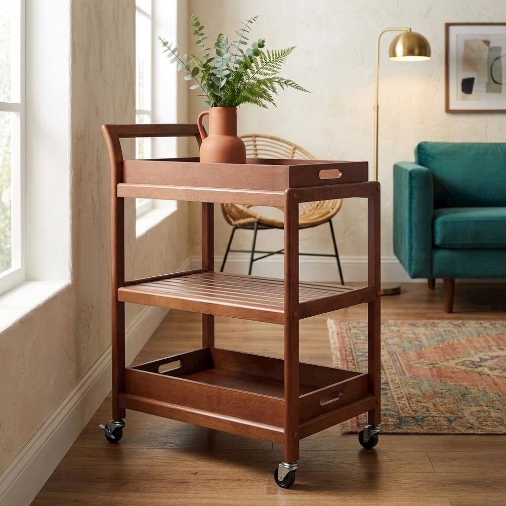 Alt View 3. FurniFact - Solid Wood Kitchen Cart With Serving Trays, Vintage Bar Cart On Wheels - Walnut.