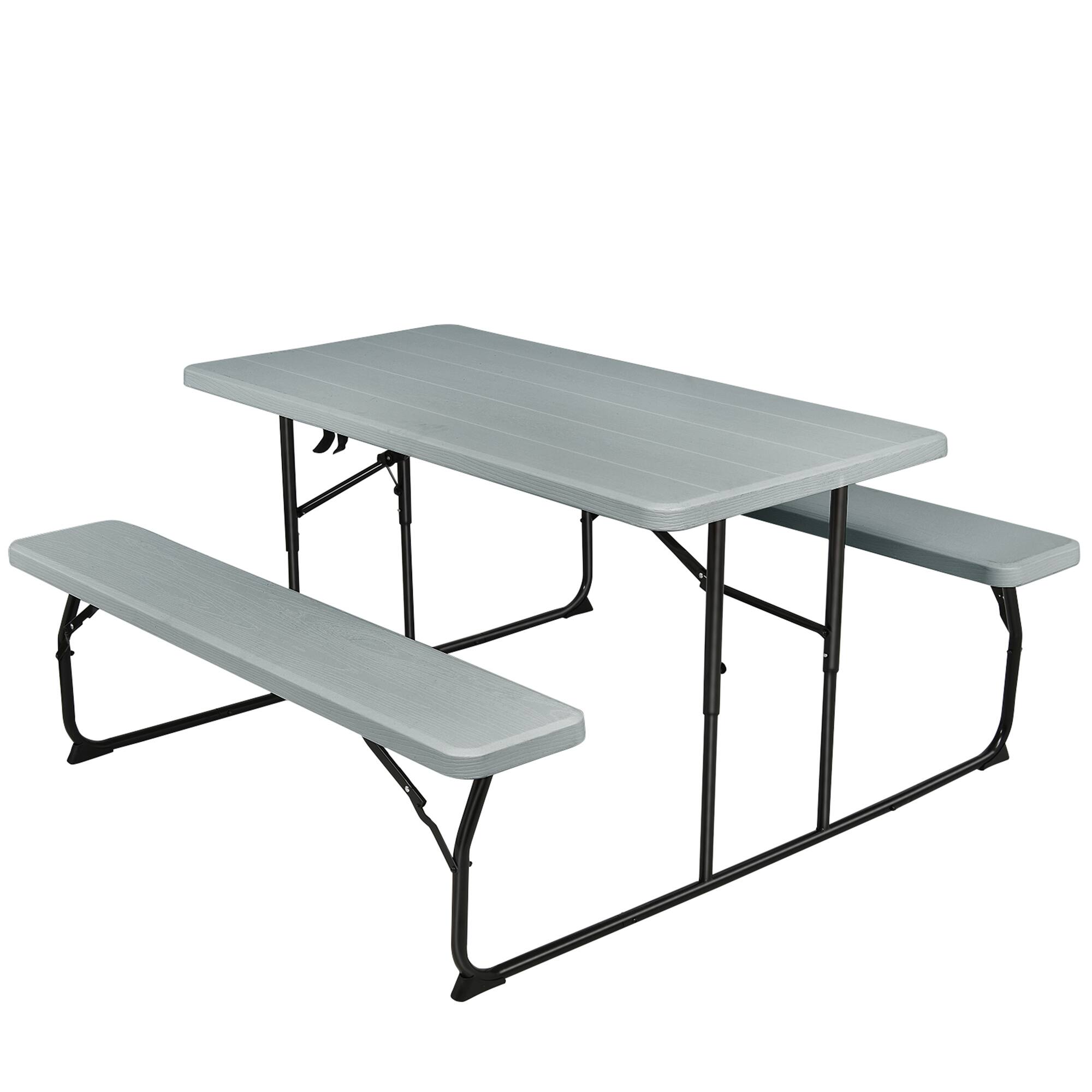Gymax - Folding Picnic Table & Bench Set for Camping BBQ w/ Steel Frame Grey - Gray