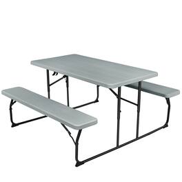 Gymax - Folding Picnic Table & Bench Set for Camping BBQ w/ Steel Frame Grey - Gray