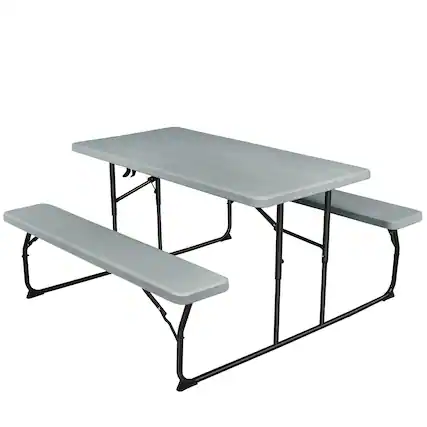 Front. Gymax - Gymax Folding Picnic Table & Bench Set for Camping BBQ w/ Steel Frame Grey - Grey.