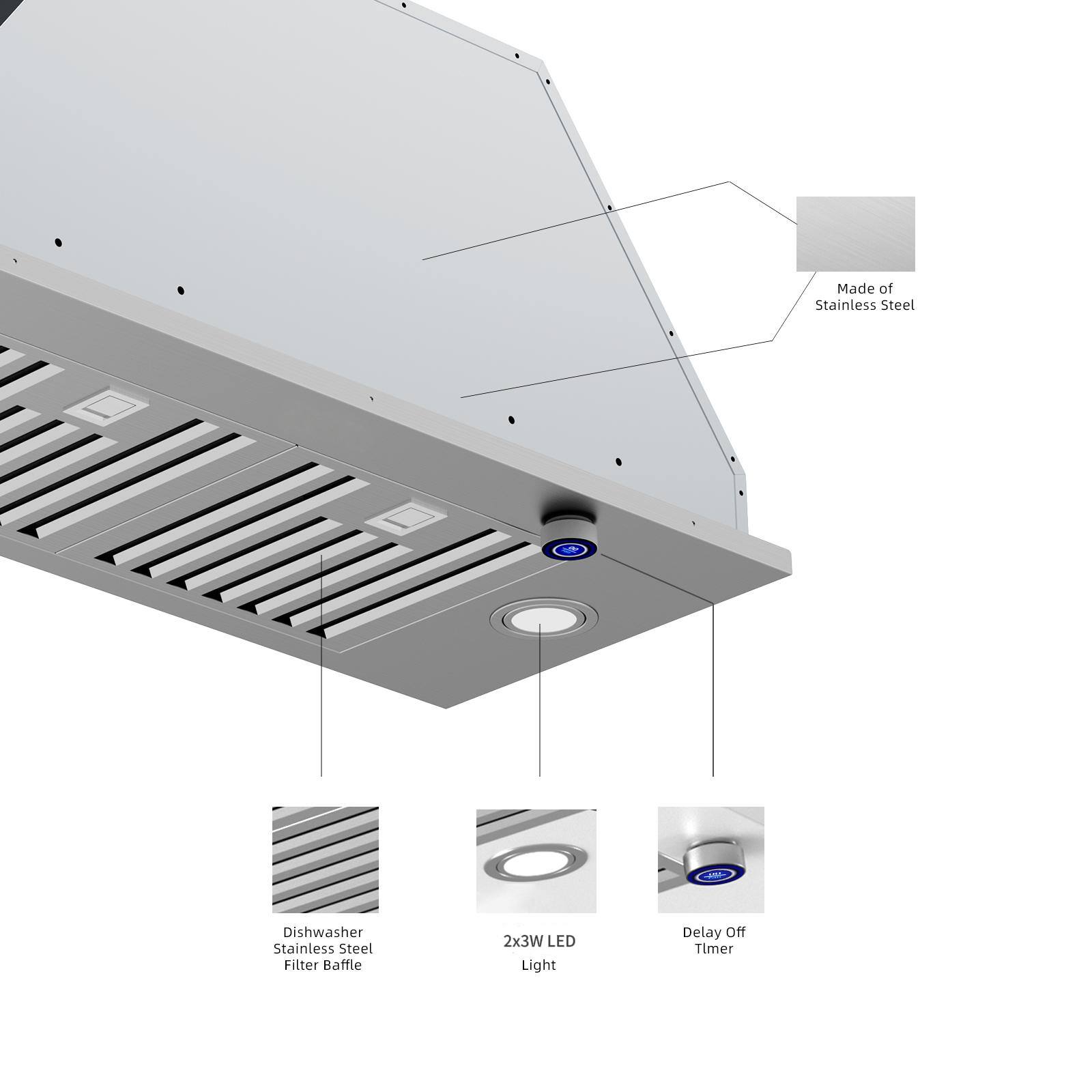 Made of Stainless Steel

Dishwasher Stainless Steel Filter Baffle

2x3W LED Light

Delay Off Timer
