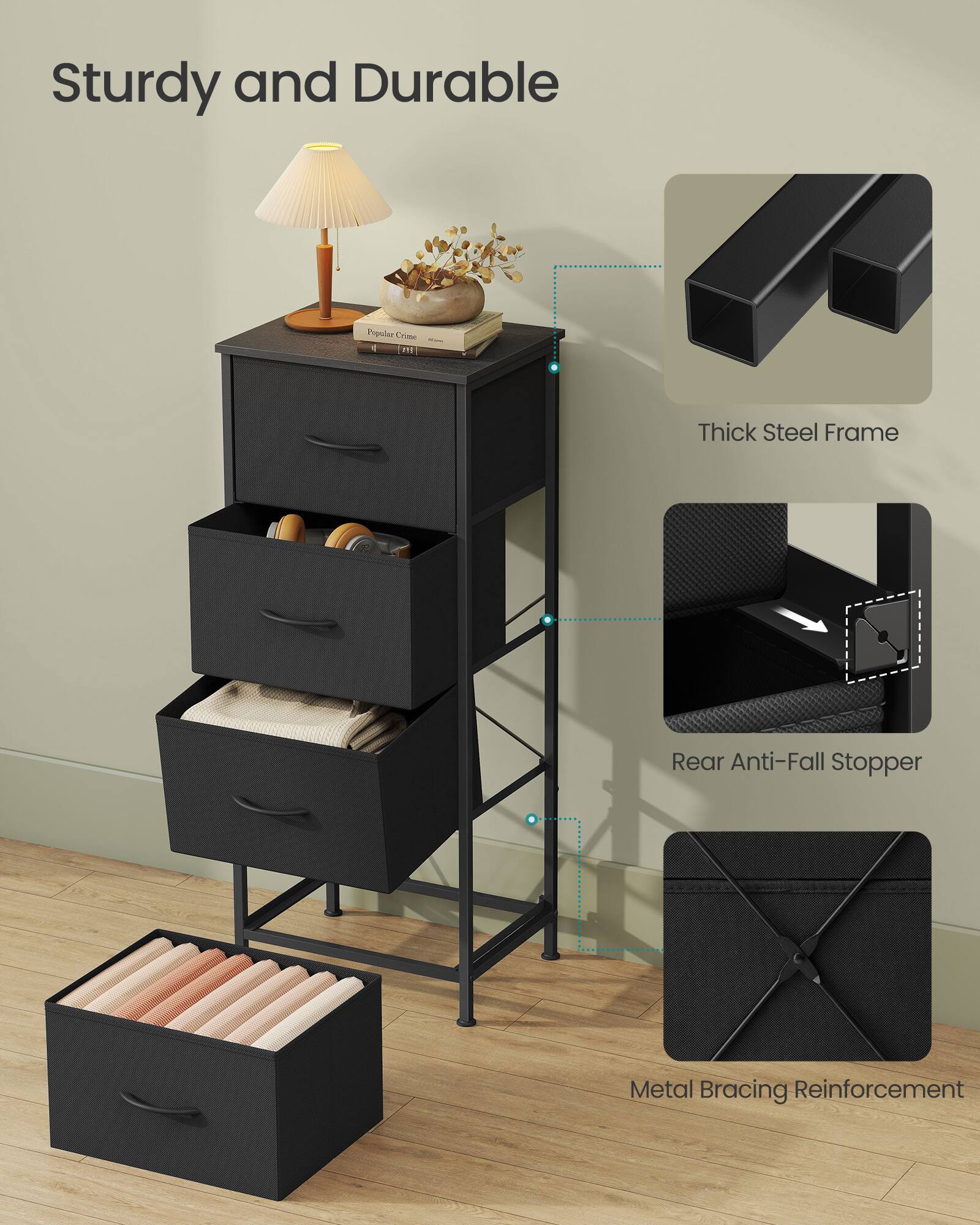 Sturdy and Durable

Popular Crime

1 RE

Thick Steel Frame

Rear Anti-Fall Stopper

Metal Bracing Reinforcement