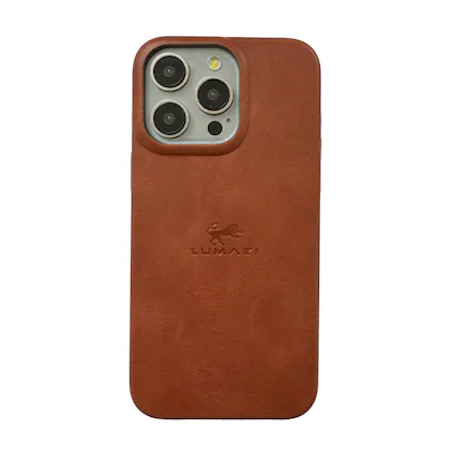 Front. LUMAZI - Handmade, Full Grain Leather, MagSafe iPhone 15 Pro Max Case - Sienna.