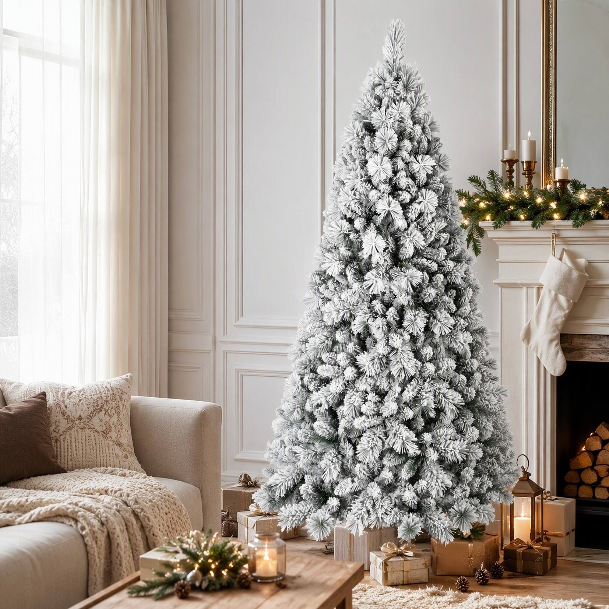 Angle. RYHNUYNE - 5FT Flocked Christmas Tree, 518 Snowy PVC Hard Needle Branches Hinged Design Easy Setup Stable Metal Stand - Green,White.