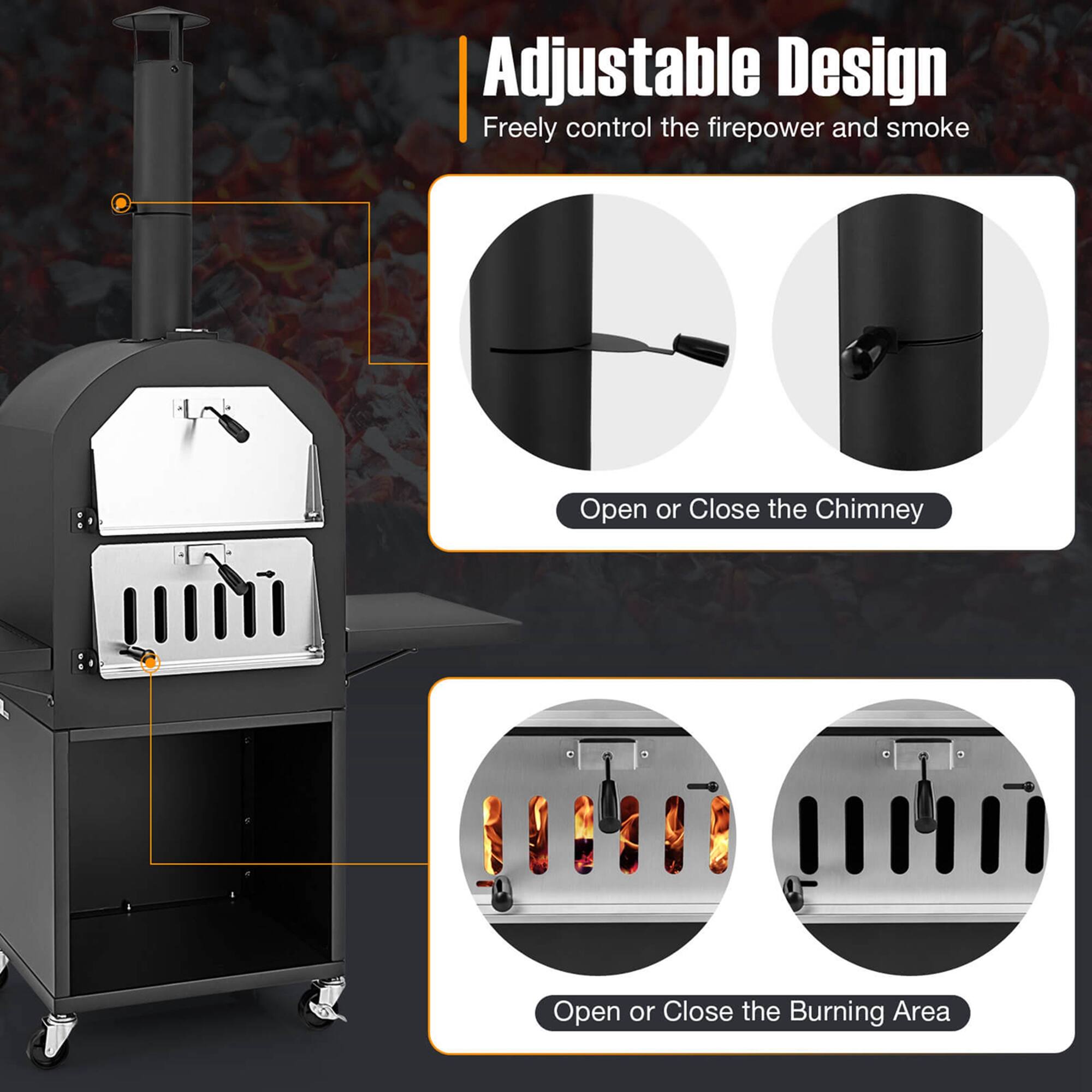Adjustable Design: Freely control the firepower and smoke. Open or Close the Chimney. Open or Close the Burning Area.