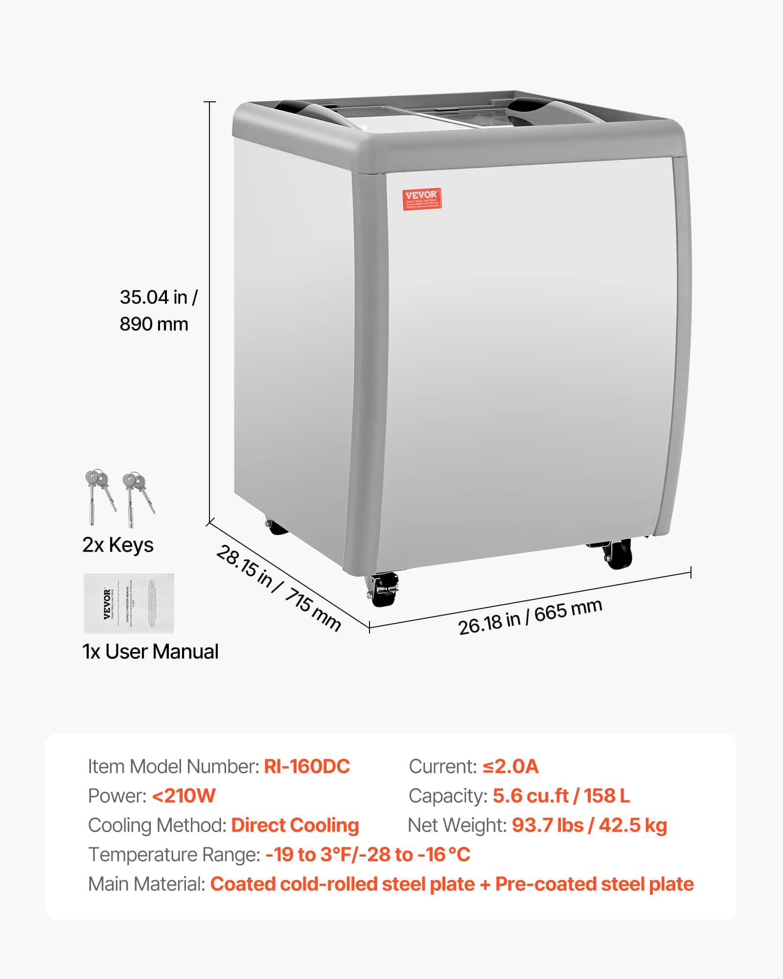 VEVOR Commercial Ice Cream Display Case, 5.6 Cu.ft Chest Freezer