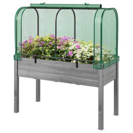 Costway - Wood Raised Garden Bed with Greenhouse Cover Mini Portable Greenhouse Kit - Green + Gray