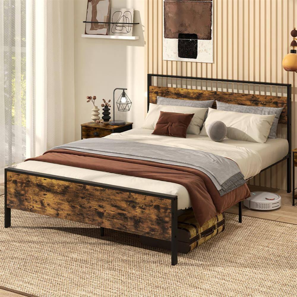 Angle. Kadyn - Platform Bed Frame, Bedroom Bed Frame,Queen Metal Bed Frame Industrial Platform Bed with Wooden Headboard-Queen Size - Brown.