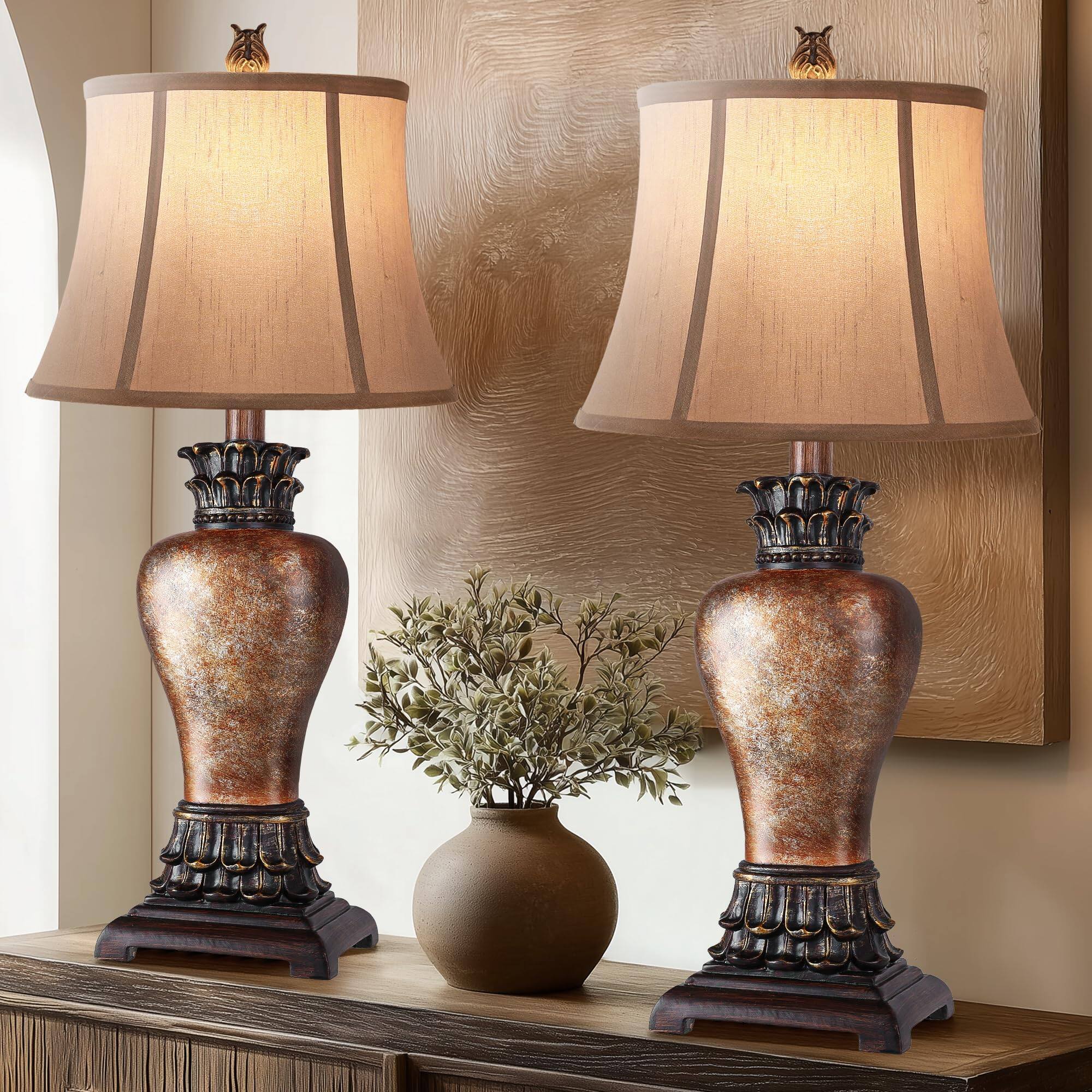Front. Pawtners - Set of 2 Tall Farmhouse Table Lamps, 27" Rustic Dimmable Bedside Lamps with 3-Color Temp, Bulb Included.