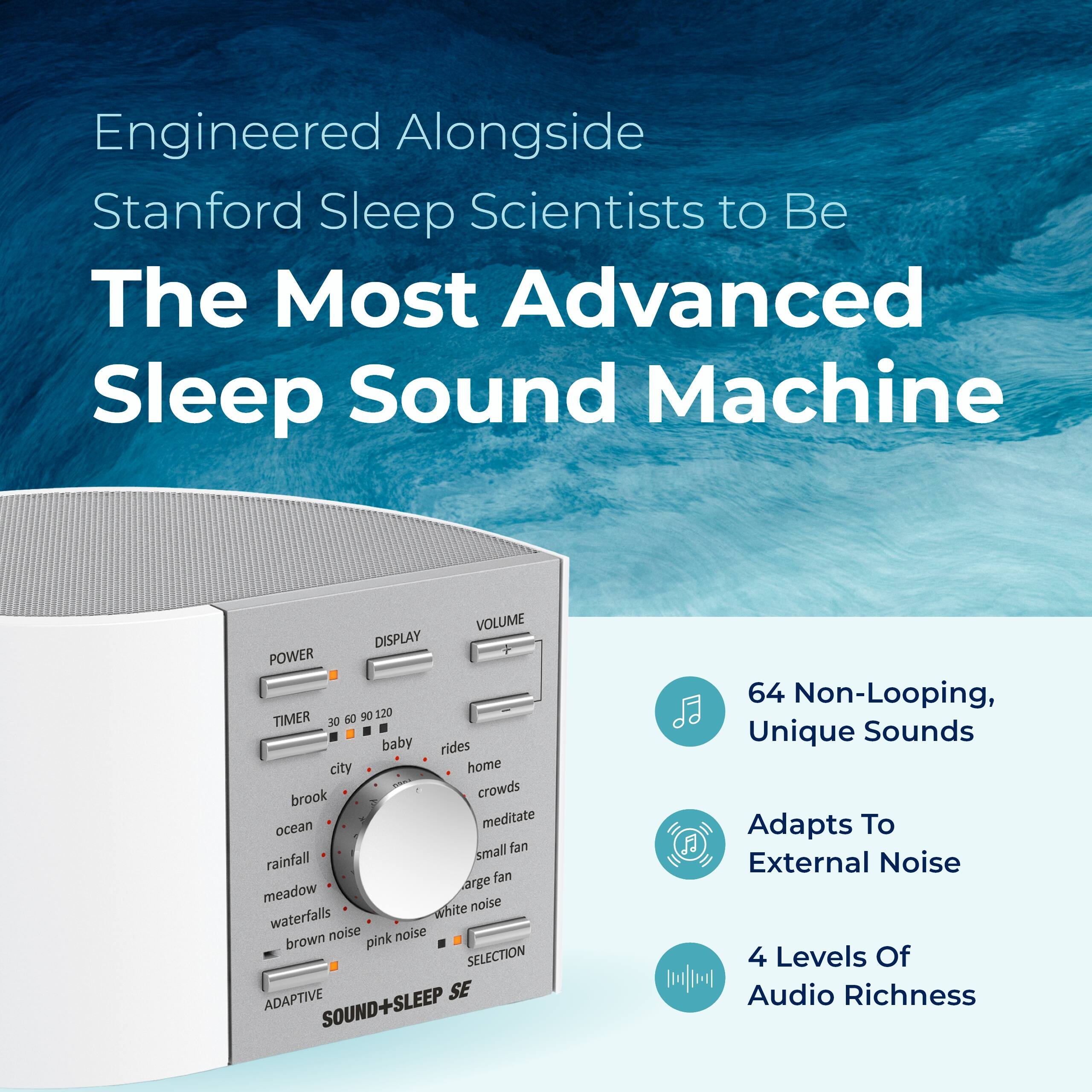 Engineered Alongside Stanford Sleep Scientists to Be The Most Advanced Sleep Sound Machine

- VOLUME DISPLAY
- POWER TIMER (30, 60, 90, 120)
- SELECTION
- ADAPTIVE SOUND+SLEEP SE

64 Non-Looping, Unique Sounds
Adapts To External Noise
4 Levels Of Audio Richness

Sounds:
- baby
- rides
- city
- home
- brook
- crowds
- ocean
- meditate
- small fan
- meadow
- waterfalls
- large fan
- white noise
- brown noise
- pink noise