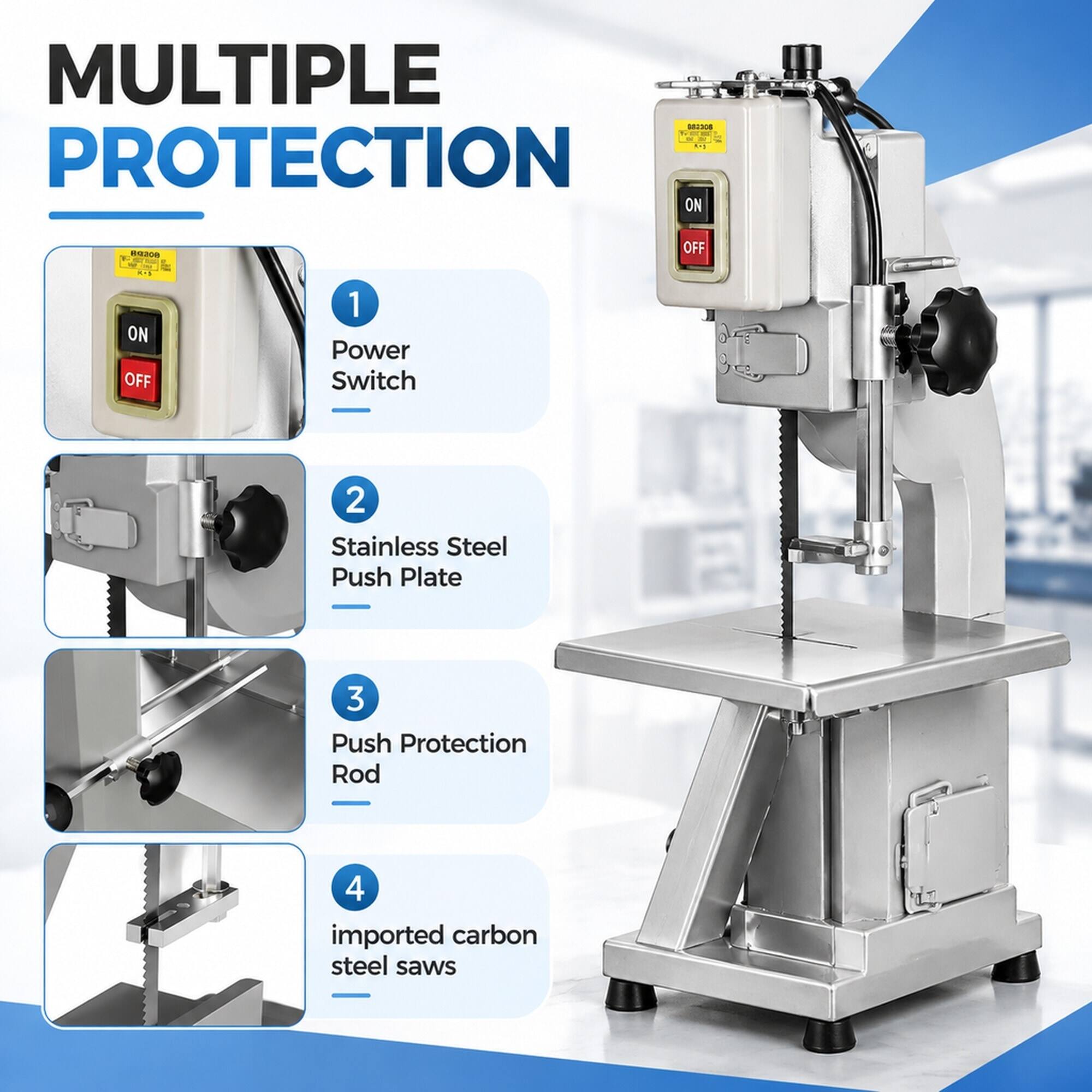MULTIPLE PROTECTION

1. Power Switch
2. Stainless Steel Push Plate
3. Push Protection Rod
4. imported carbon steel saws