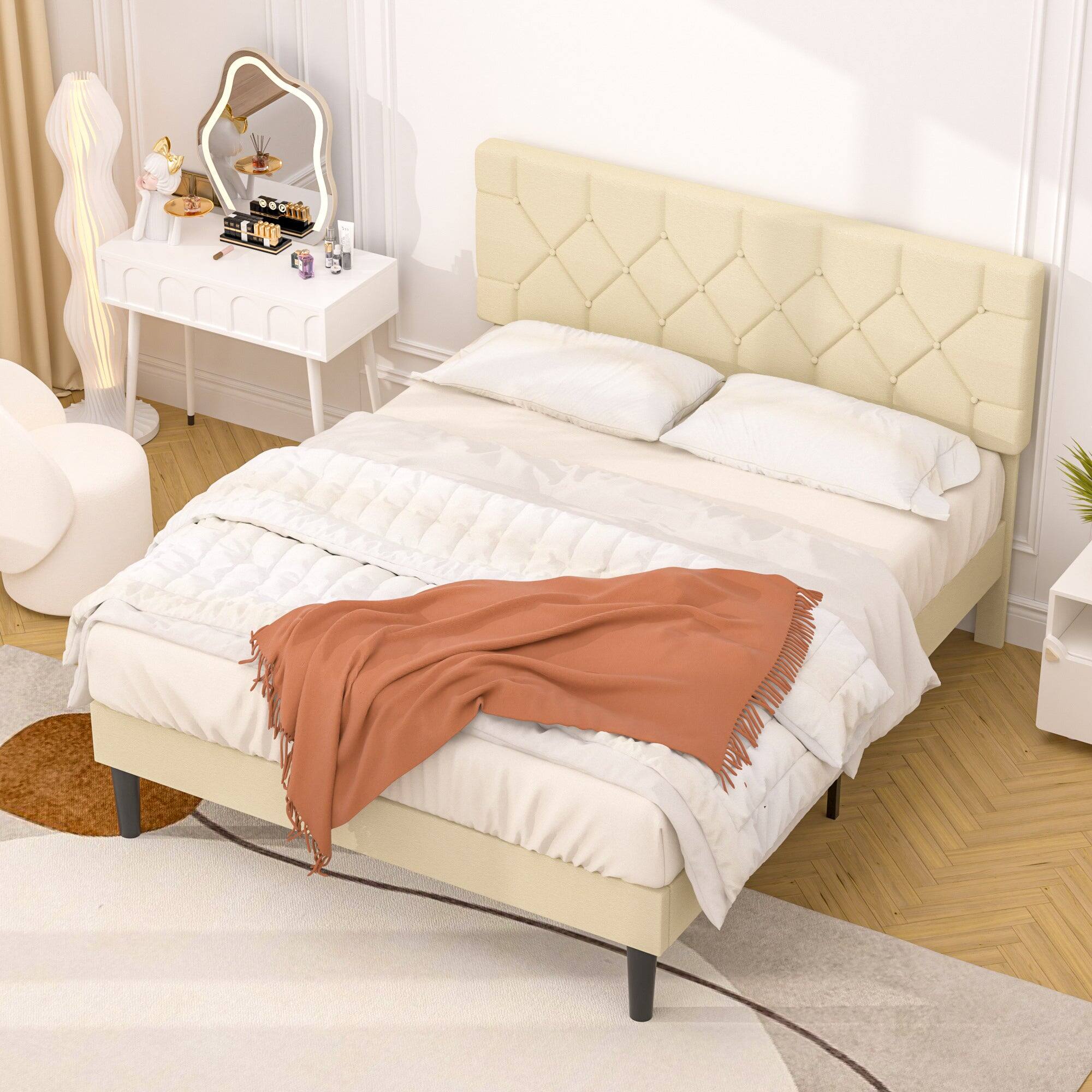 Alt View 3. Vecelo - Full Size Bed Frame with Button Tufted Headboard,Upholstered Platform Bedframe with Wood Slat Support - Beige.